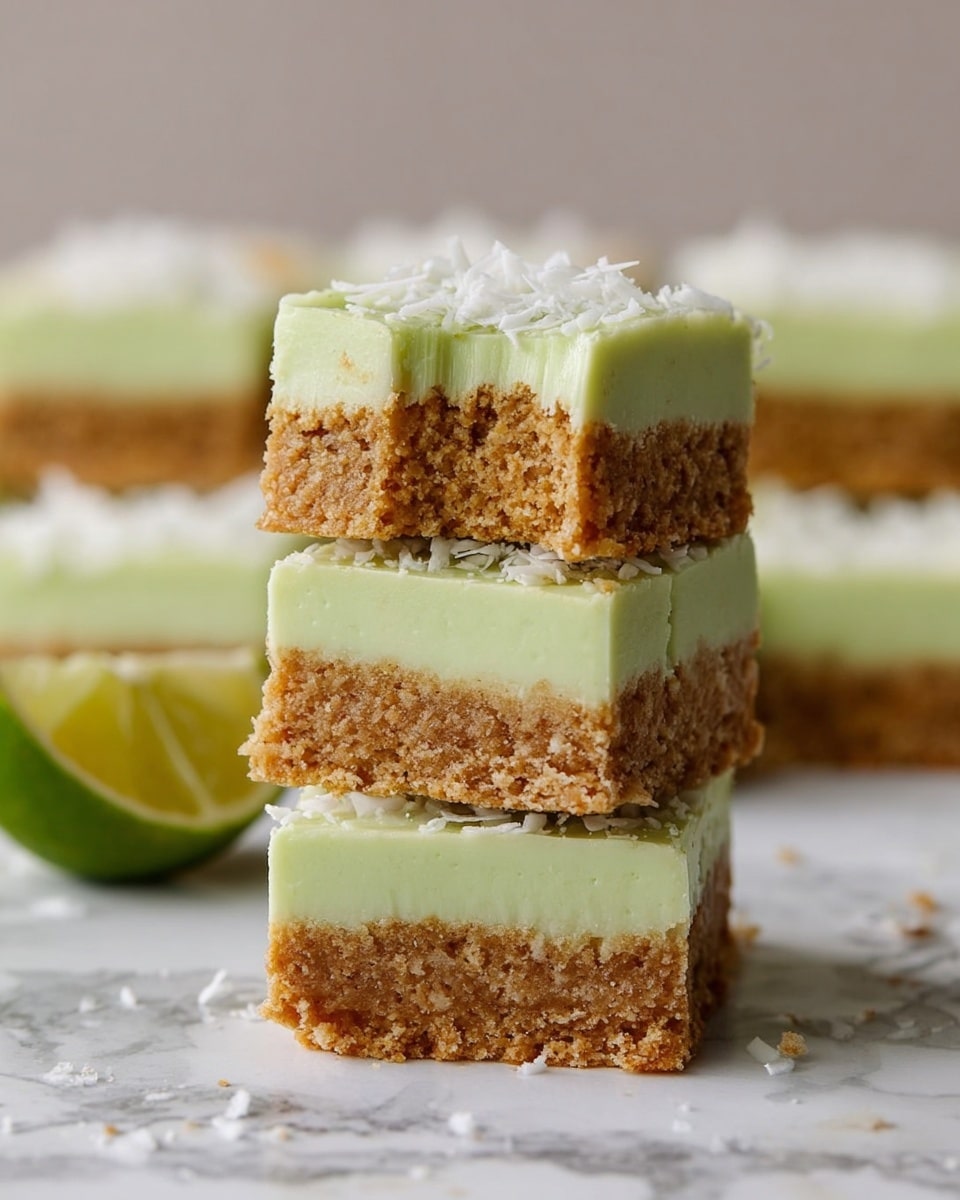 The image shows a stack of three dessert squares on a white marbled surface, each piece having two distinct layers: a bottom layer of light brown, crumbly, textured cake and a top layer of smooth, pale green cream frosting. The top piece has a bite taken out of it, revealing the soft inside of the cake layer. Small white shavings are sprinkled on top of the green frosting, adding texture. In the background, there are more dessert pieces blurred out, and on the left edge, half a sliced lime is visible on the white marbled surface. Photo taken with an iphone --ar 4:5 --v 7