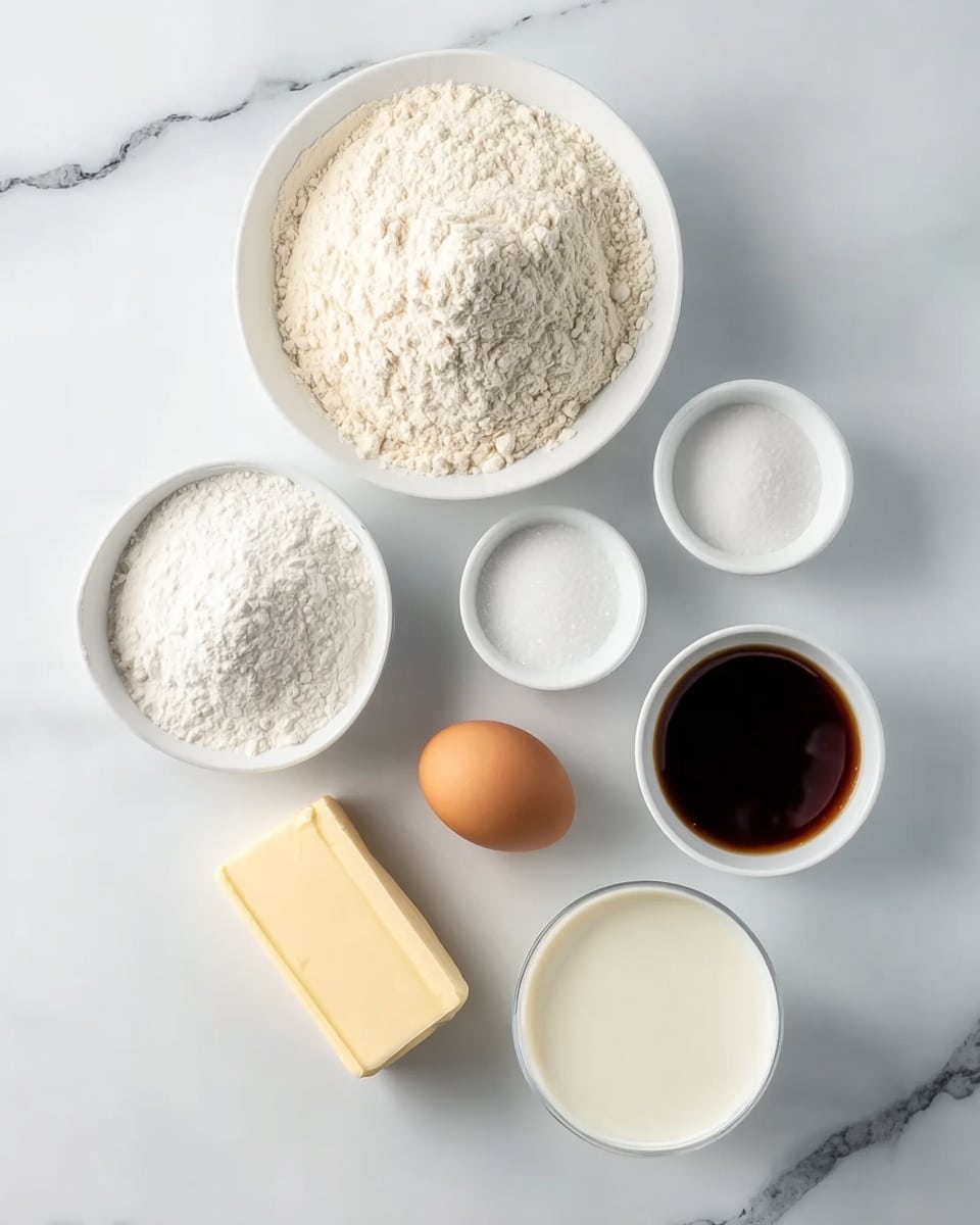 The image shows seven white bowls and one dozen brown egg arranged neatly on a white marbled surface. The largest bowl at the top holds a mound of white flour with a slightly rough texture. Below it, a bowl filled with fine white sugar appears smooth and shiny. Next to it is a smaller bowl containing granular white salt, and a tiny bowl holding white baking powder with a powdery texture. A bowl with a thick, dark brown liquid, likely vanilla extract, is placed next to a bowl filled with creamy white milk. In the front sits a stick of pale yellow butter, rectangular in shape with a smooth texture, and a single brown egg, smooth and oval-shaped, rests beside the butter. Photo taken with an iphone --ar 4:5 --v 7