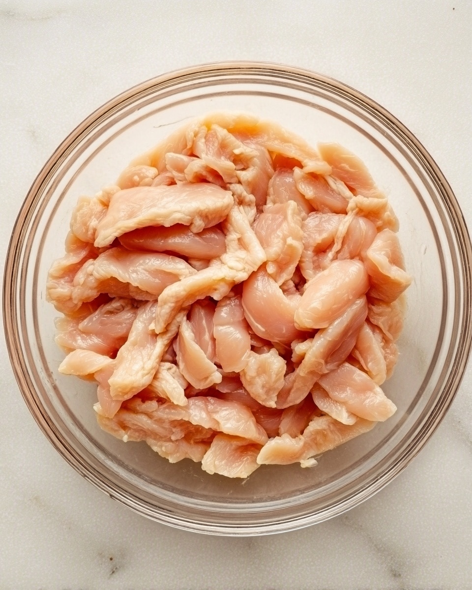 A clear glass bowl filled with many small, light pink chicken strips that look soft and fresh. The chicken pieces are layered loosely, showing different shapes and sizes with a slight shine on the surface. The bowl sits on a white marbled textured surface. photo taken with an iphone --ar 4:5 --v 7