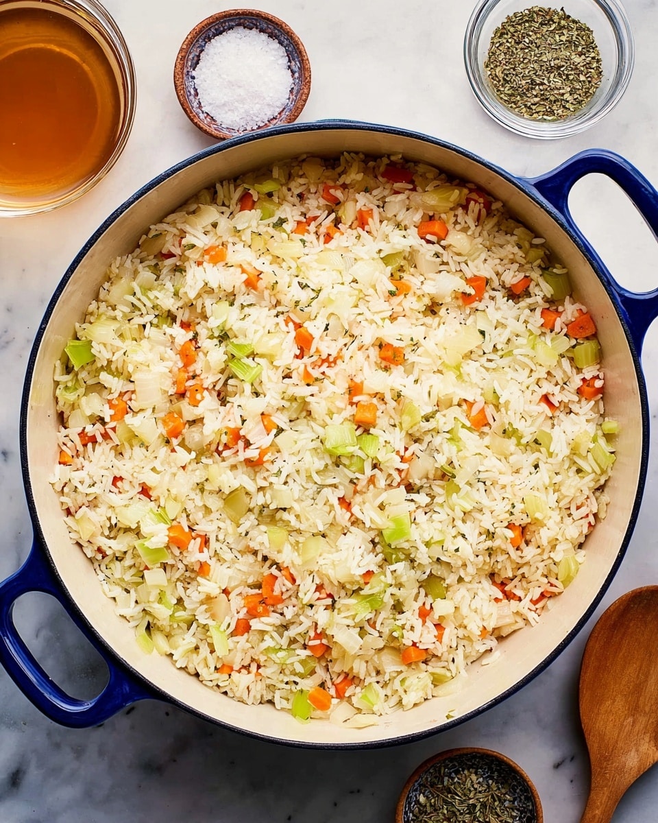A large round white pot filled with a mix of long white rice grains, small diced orange carrots, pale green celery pieces, and thin pale yellow slices of onions, all evenly mixed together, creating a colorful and textured rice dish. The pot has dark blue handles on both sides and sits on a white marbled surface. Around the pot, there are a small bowl of coarse salt, a small bowl of black pepper, a clear glass bowl with dried herbs, and a glass container with a light brown liquid, adding to the cooking scene. photo taken with an iphone --ar 4:5 --v 7