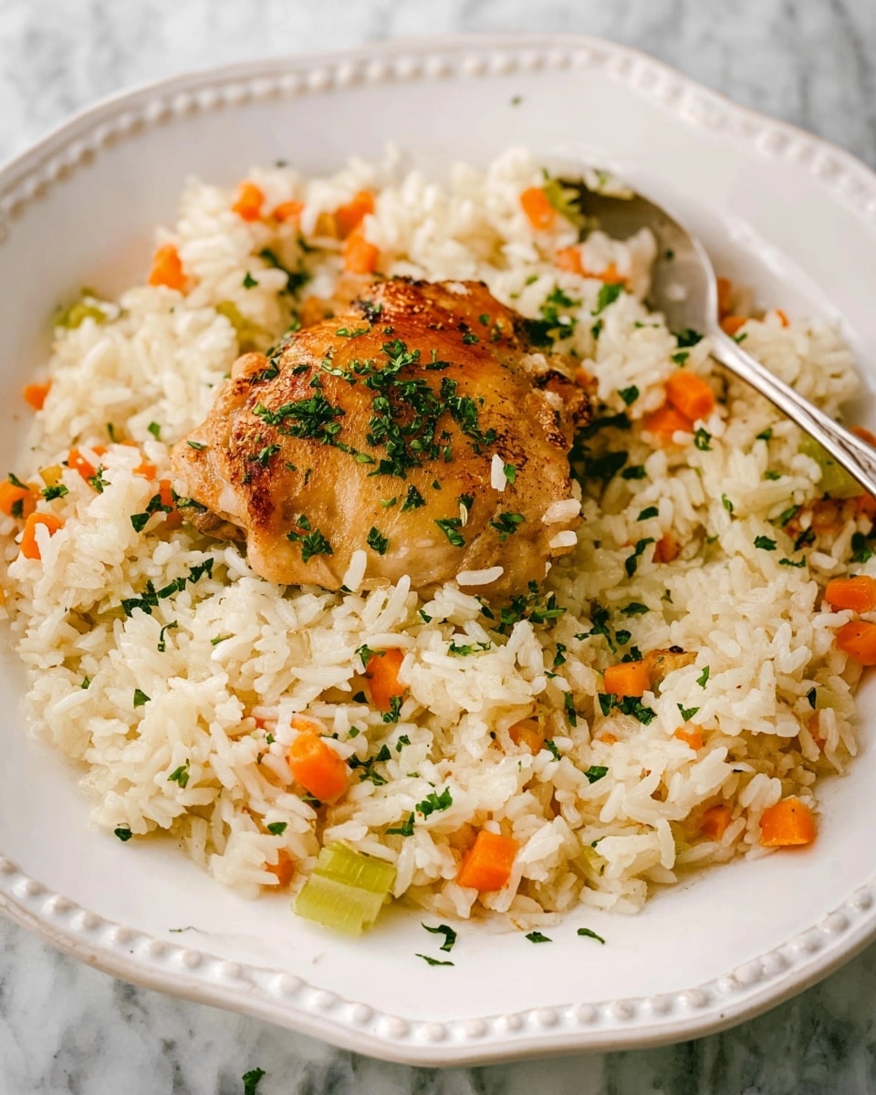 The dish shows one layer of cooked white rice mixed with small pieces of orange carrots and light green celery, spread in a slightly deep white plate with scalloped edges. On top in the center, there is a single piece of browned cooked chicken thigh, seasoned and sprinkled with small green herb bits. A silver fork rests near the top edge of the plate, partially under the rice. The background is a white marbled texture. photo taken with an iphone --ar 4:5 --v 7