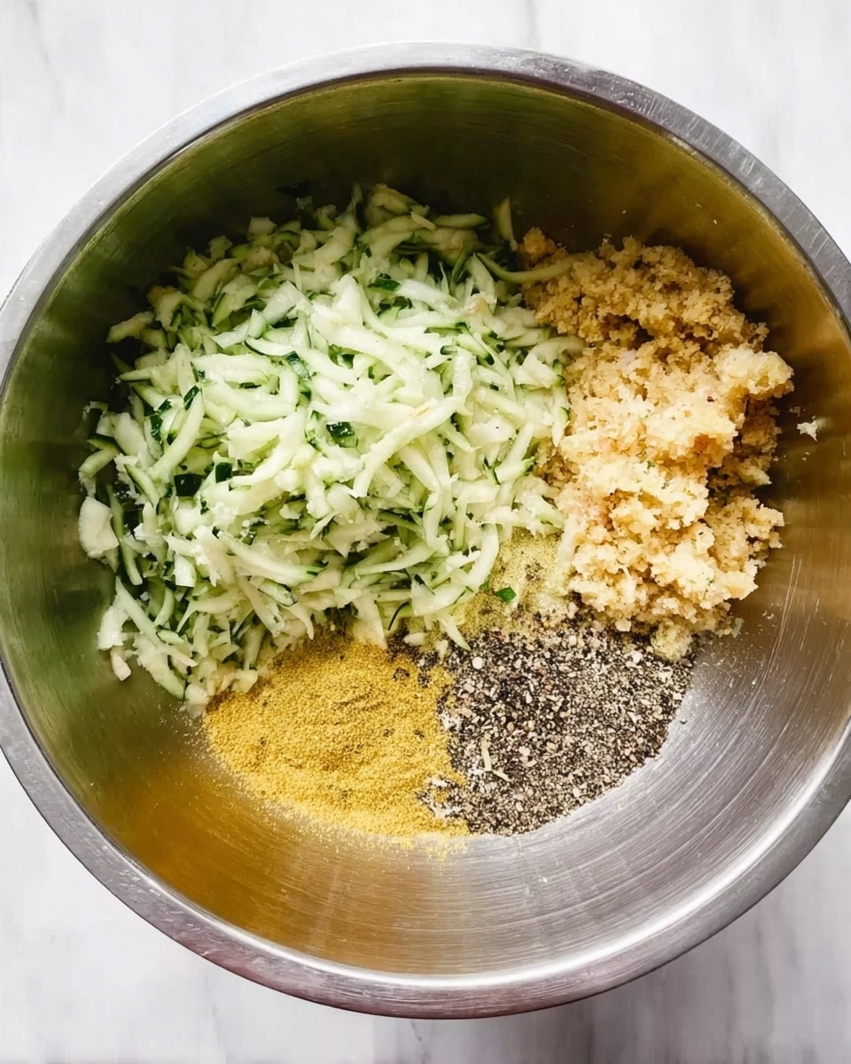 Inside a silver metal bowl, there are five layers of ingredients separated but touching. The top right layer shows a crumbly, pale yellow mixture. Below it, on the bottom right, is a forkful of coarsely ground black pepper and some salt. On the left side, occupying almost half of the bowl, is a pile of shredded fresh cucumber, light green with darker green edges. Next to the cucumber, in the middle, there is a fine yellow powder. The bowl sits on a white marbled surface. photo taken with an iphone --ar 4:5 --v 7