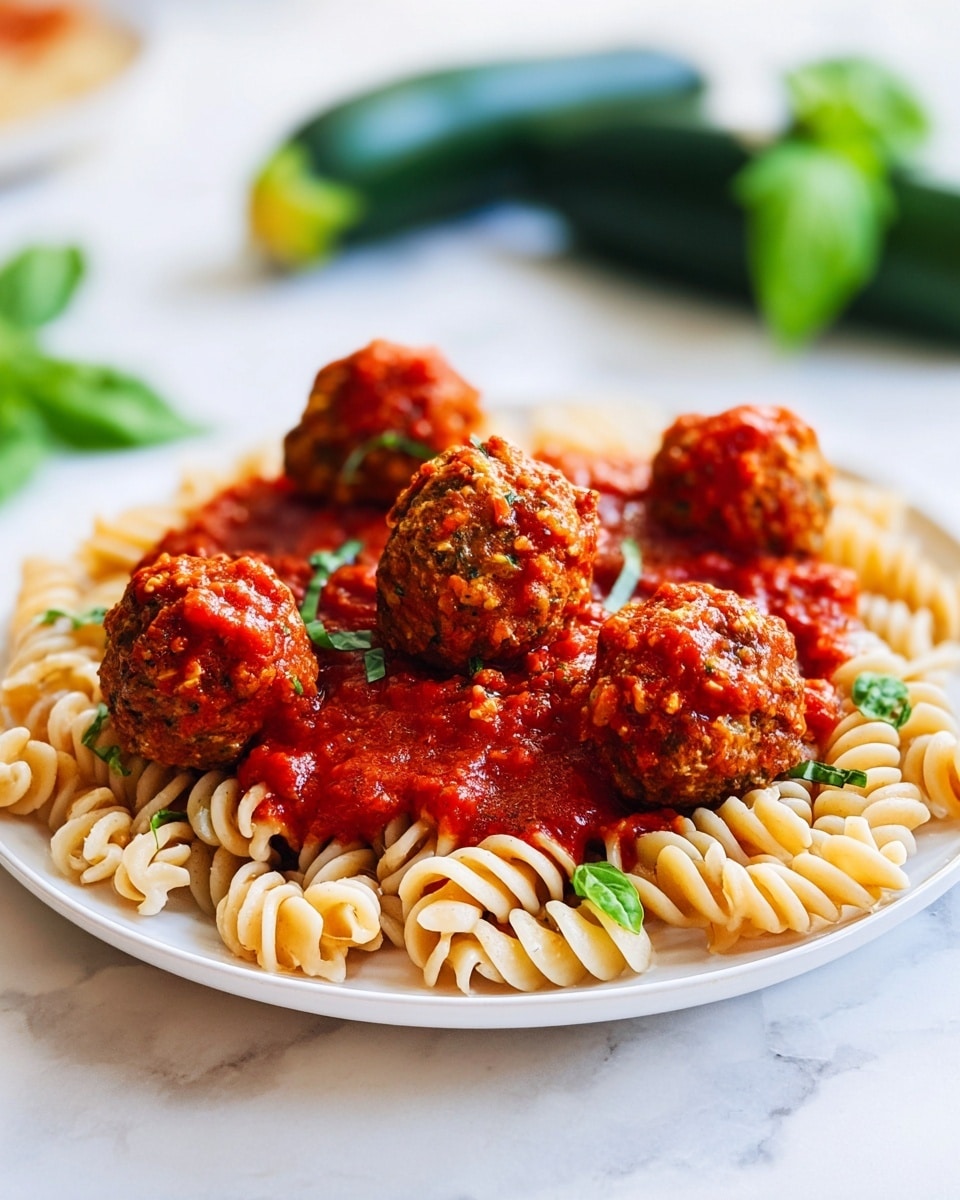 A white plate holds a bed of spiral pasta at the bottom, light tan in color with a slightly rough texture. On top of the pasta is a thick layer of chunky bright red tomato sauce, spread evenly but with some small tomato pieces visible. Five round meatballs, covered in the same red sauce, sit on top, showing a browned and slightly coarse texture with green herb specks. Small green basil leaves are scattered on the sauce around the meatballs. The plate is set on a white marbled surface with two zucchinis and basil leaves blurred in the background. Photo taken with an iphone --ar 4:5 --v 7