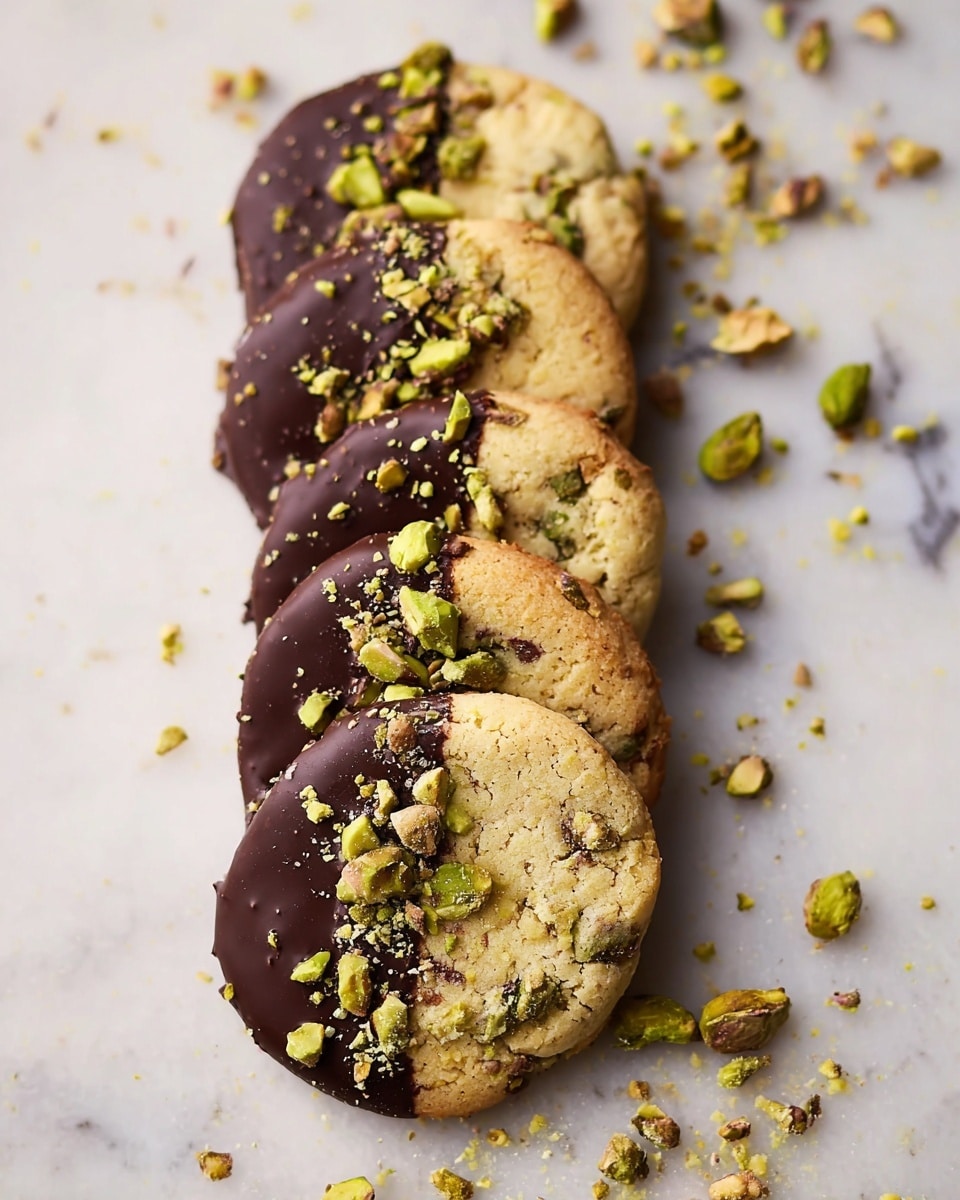 A row of six round cookies is placed diagonally on a white marbled surface, each cookie half dipped in dark chocolate on the left side, with the chocolate topped with small pieces of green and brown pistachios. The right side shows the cookie’s light golden-brown dough mixed with visible green pistachio bits and darker spots. Small pieces of pistachio and crumbs surround the cookie line, adding texture and a natural look. The photo taken with an iphone --ar 4:5 --v 7