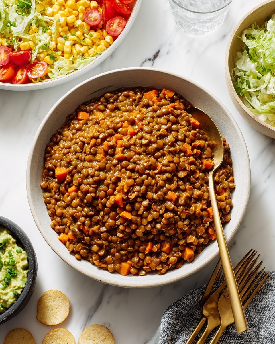A medium-full white bowl holds a thick layer of cooked lentils mixed with small pieces of orange carrots, showcasing a warm brown color with a soft texture. A gold spoon rests inside the bowl, slightly sinking into the lentils. Around the bowl, there are light golden round chips scattered casually on a white marbled surface. In the background, there is a large white bowl filled with chopped bright green lettuce, yellow corn kernels, and red diced tomatoes. In front of the lentil bowl, a small dark bowl contains creamy green guacamole topped with small green onion pieces. Two gold forks lie next to the main bowl, resting on the white marbled surface. photo taken with an iphone --ar 4:5 --v 7