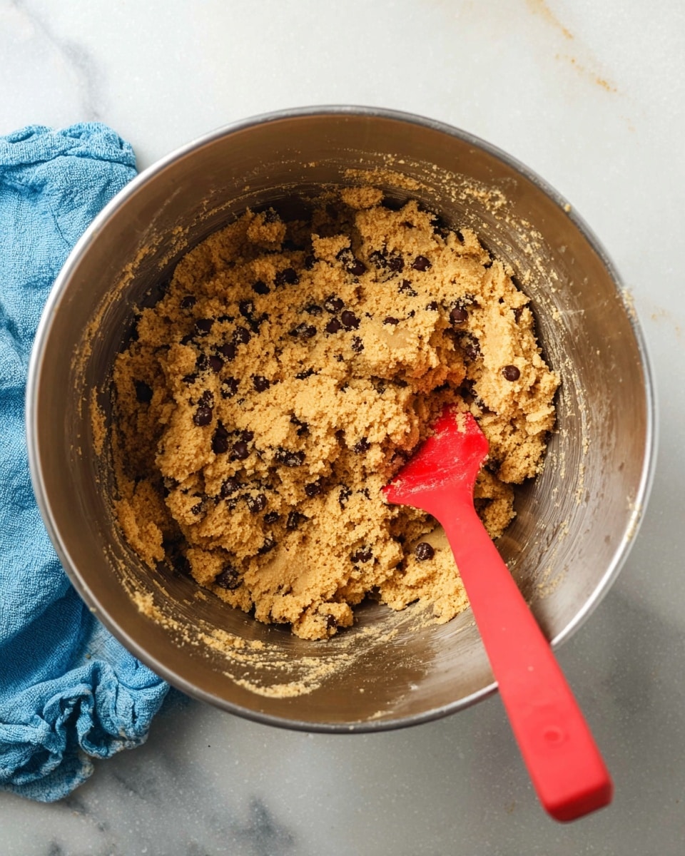 Inside a large silver mixing bowl, there is thick, crumbly cookie dough mixed with dark chocolate chips spread evenly throughout. The dough is light brown with a coarse texture. A red spatula with a smooth handle is resting inside the bowl, partly covered by the dough. The bowl is placed on a surface with a white marbled texture, and there is a crumpled blue cloth near the bottom left corner of the image. Photo taken with an iphone --ar 4:5 --v 7