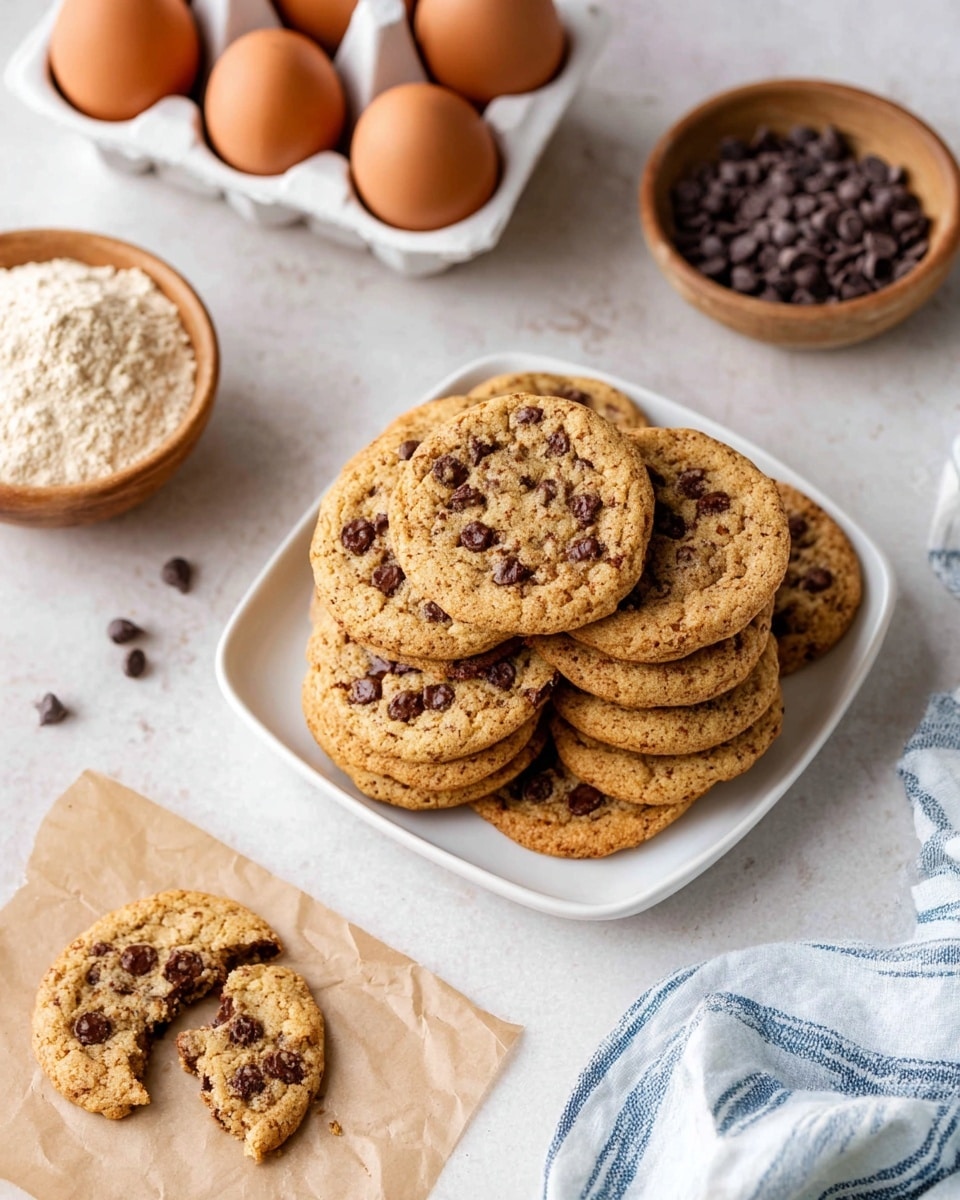 A stack of about ten round chocolate chip cookies with a golden-brown color and visible dark chocolate chips is placed on a white square plate in the center. There is a broken cookie with chunks on a sheet of brown parchment paper to the left. Behind the plate is a white egg holder with six brown eggs. At the bottom left corner, there is a bowl filled with light beige flour. On the right side, partially in frame, is a bowl with some dark chocolate chips, and a white cloth with blue stripes lies in the bottom right corner. All items rest on a white marbled surface. photo taken with an iphone --ar 4:5 --v 7