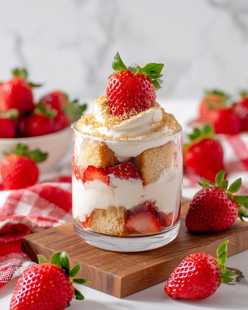 A white glass cup filled with three layers is shown: the bottom layer is white cream with pieces of red strawberries; the middle layer is light brown cake chunks mixed with more red strawberry slices; the top layer has white cream topped with a sprinkle of light brown crumbs and a halved bright red strawberry with green leaves standing upright. Around the glass are whole and halved red strawberries with green leaves on a white marbled surface with a wooden board underneath the glass and a red and white cloth nearby. Photo taken with an iphone --ar 4:5 --v 7