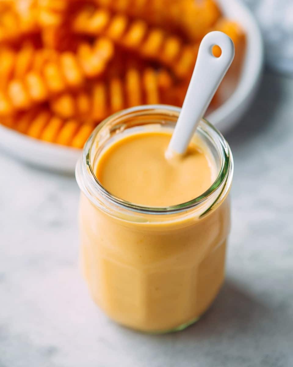 A clear small glass jar is filled to the top with a smooth, creamy sauce that is light orange in color. A white spoon with a round hole in the handle stands upright in the sauce. In the blurred background, orange crinkle fries are visible on a white plate, all resting on a white marbled surface. photo taken with an iphone --ar 4:5 --v 7