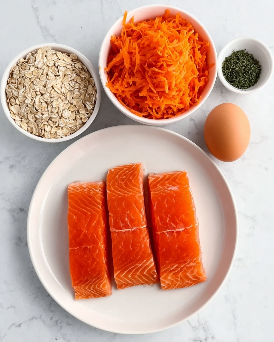 The image shows a white plate in the center with three raw salmon fillets, their orange-pink flesh smooth and moist with natural lines and slight gloss. Above the plate, a white bowl holds bright, shredded carrots, their texture soft and fine. To the left of the bowl is another white bowl filled with dry, light beige rolled oats, with visible flat, slightly curved flakes. Next to the oats is a small white dish containing finely chopped green herbs. An uncooked brown egg sits between the oats and the shredded carrots. All items are on a white marbled surface. Photo taken with an iphone --ar 4:5 --v 7