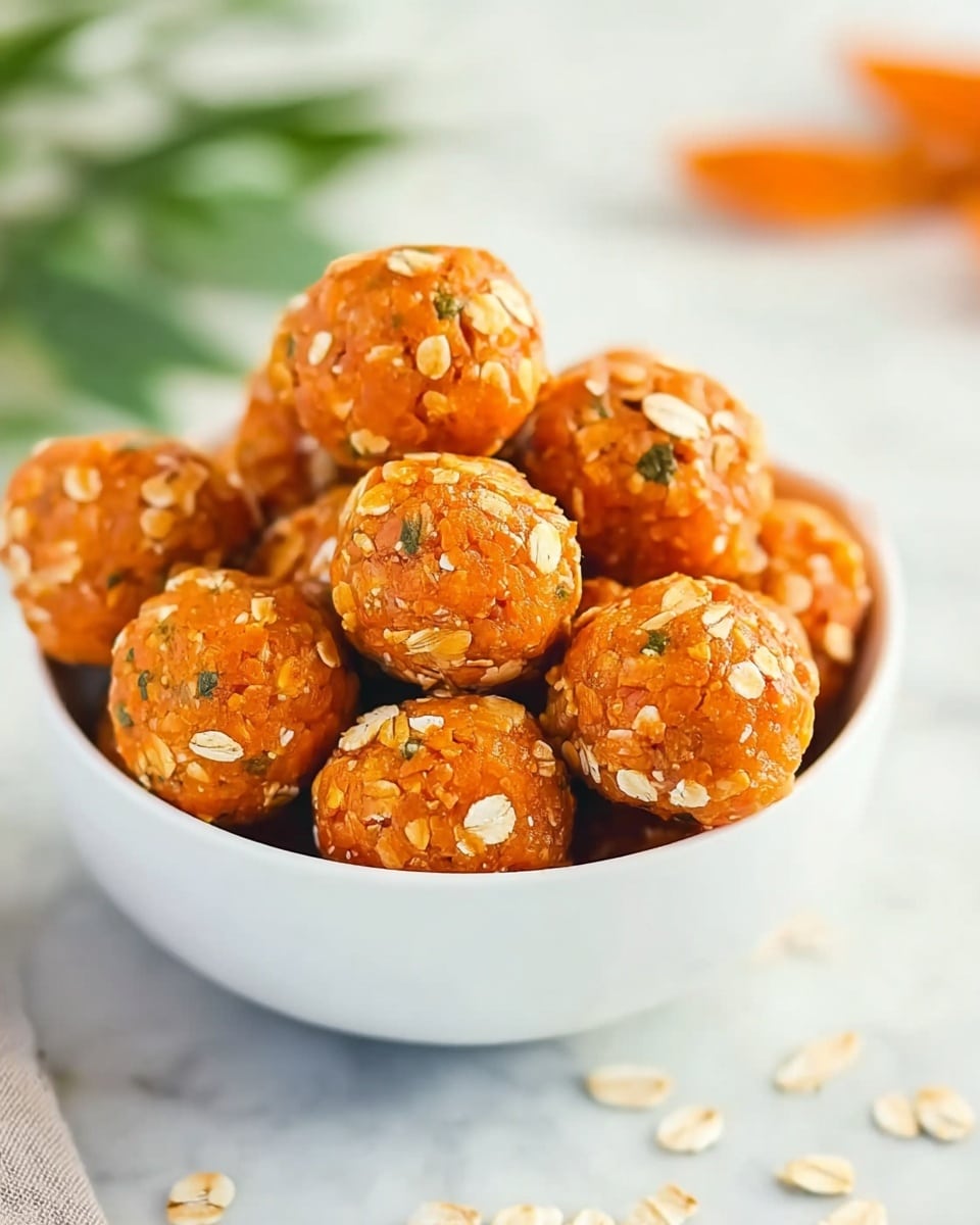 A white bowl filled with several round orange balls made from a mix of oats and small green bits, giving a textured look. The oat pieces are visible on the surface of the orange balls, showing a rough, uneven texture. The bowl is placed on a white marbled surface with a soft blurred background that includes green leaves and some orange shapes. The balls are piled high, filling the bowl fully. Photo taken with an iphone --ar 4:5 --v 7