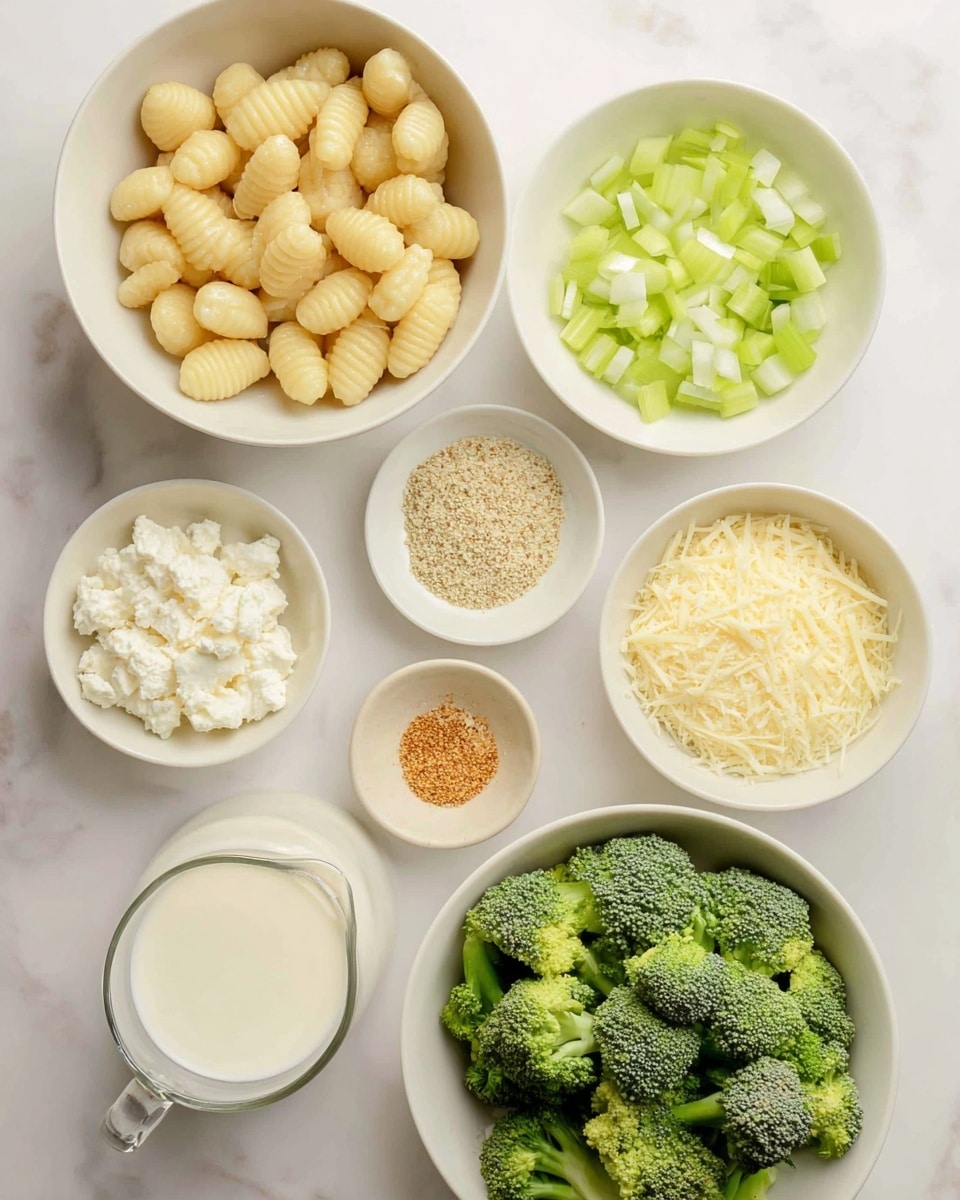 The image shows seven white bowls and a glass cup on a white marbled surface, each holding different ingredients for cooking. The largest bowl, at the top left, contains light yellow gnocchi with a ridged texture. To the top right is a bowl filled with small, diced pale green celery pieces. Below the celery is a bowl with finely grated pale yellow Parmesan cheese. At the bottom right is a bowl full of bright green broccoli florets with visible stems. Near the center left is a small bowl filled with white crumbled cheese, possibly feta or ricotta. Below it, to the left, is a bowl with a creamy white sauce or sour cream. Next to that is a very small bowl containing two-season mustard seed mixture with visual specks of yellow and brown. Another very small bowl holds a light orange powder, possibly garlic or onion powder. Lastly, a clear glass cup filled with white milk is placed at the bottom left corner of the image. The surface and bowls create a neat and clean layout. Photo taken with an iphone --ar 4:5 --v 7