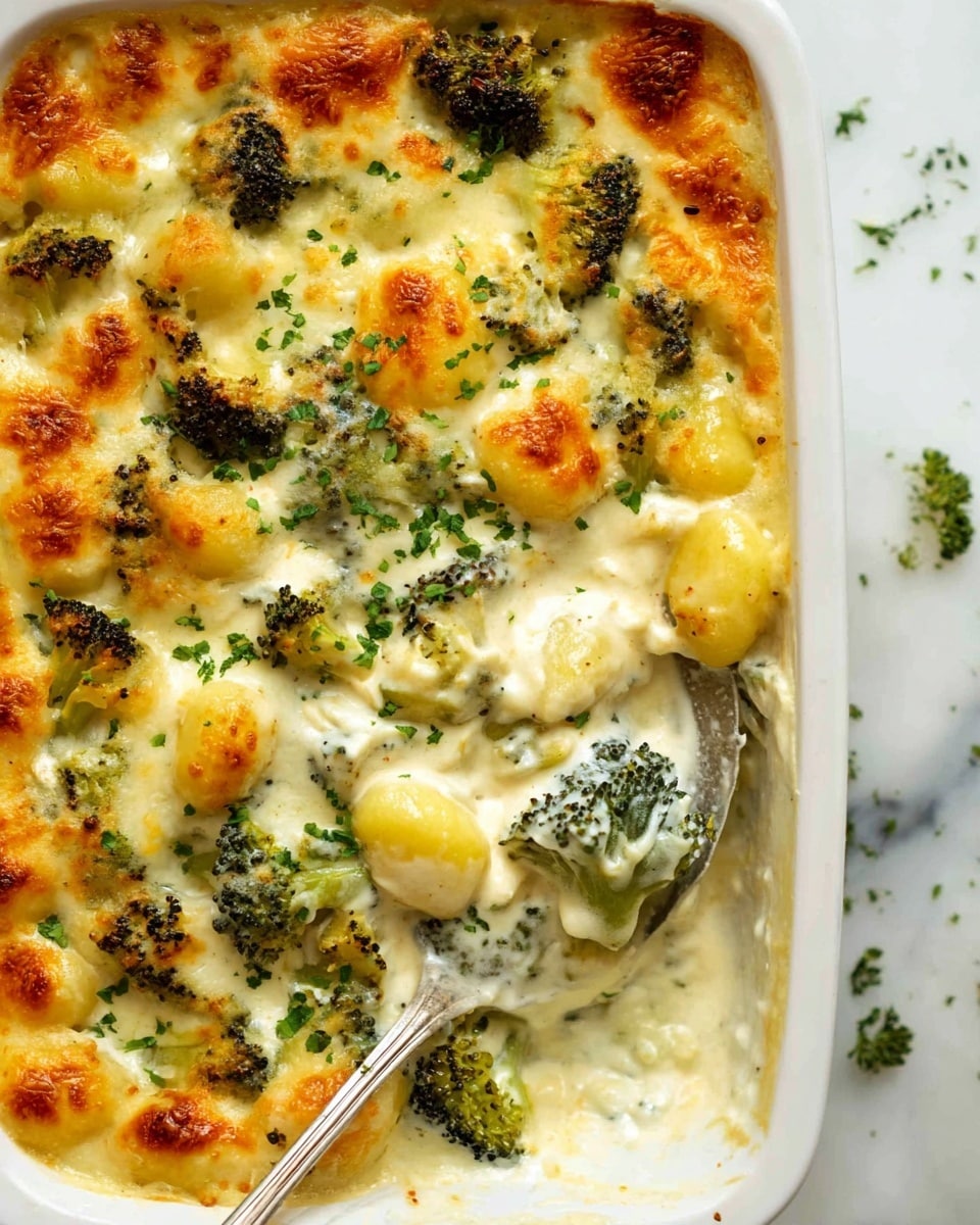 A white baking dish filled with a creamy baked gnocchi and broccoli casserole. The dish has one visible layer of golden-yellow gnocchi mixed with green broccoli florets, all covered in a thick, melted white cheese sauce that is slightly browned and bubbly on top. Green chopped herbs are sprinkled over the surface, adding color and texture. A silver spoon is scooping a portion, showing the creamy inside with chunks of gnocchi and broccoli. The background is a white marbled surface with some scattered herbs. Photo taken with an iphone --ar 4:5 --v 7