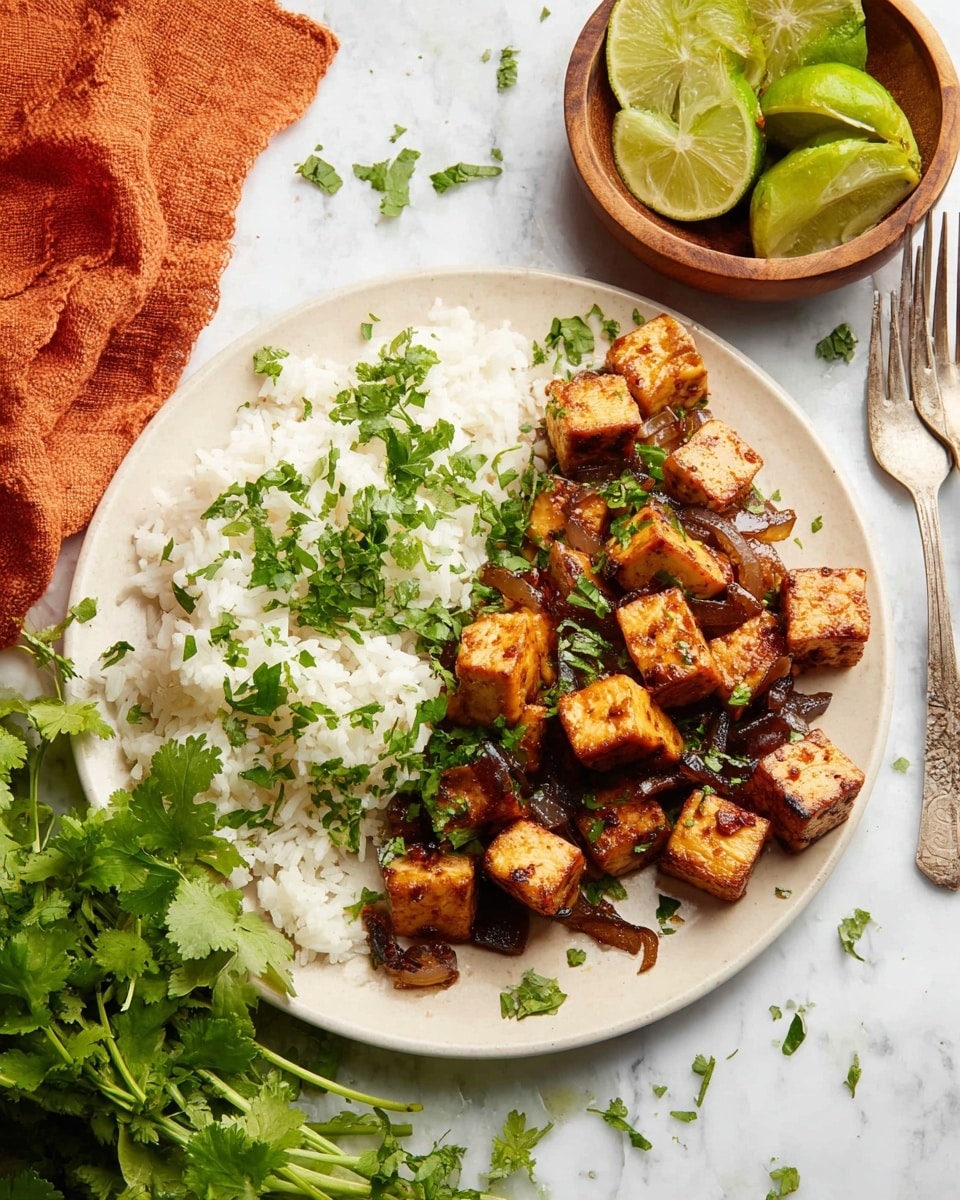 A white plate on a white marbled surface holds two main layers: on the left, a bed of fluffy white rice sprinkled with bright green chopped herbs; on the right, golden-brown tofu cubes mixed with dark caramelized onions and garnished with more fresh green herbs. Near the plate, there is a bunch of fresh green cilantro and a wooden bowl filled with lime wedges on an orange cloth, with a metal fork resting on the surface nearby. photo taken with an iphone --ar 4:5 --v 7