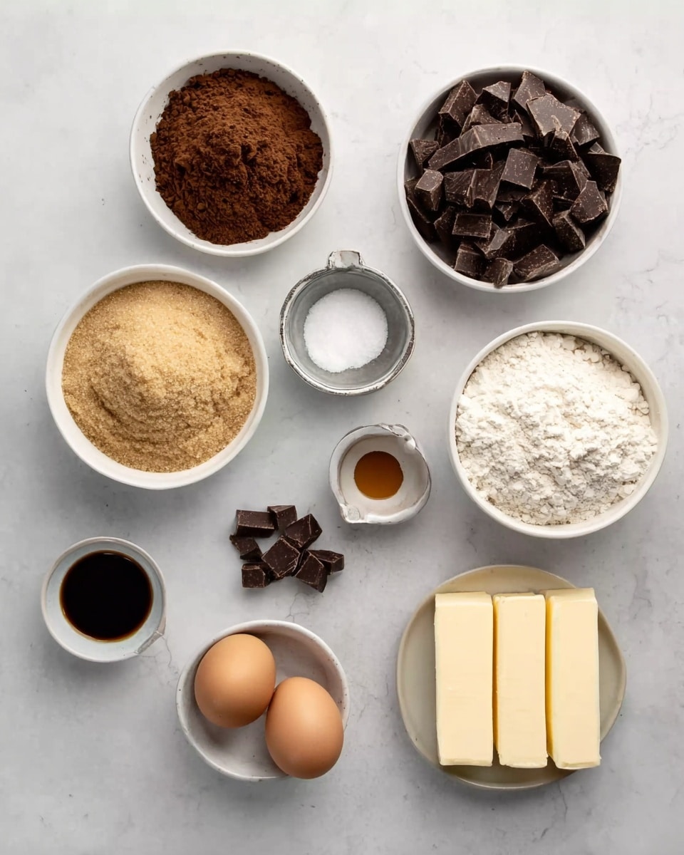 The image shows different baking ingredients placed neatly on a white marbled surface. There are nine separate white bowls or containers: one with light brown soft sugar in the bottom center, one with light flour to the top right, one with dark chocolate chunks next to it, a smaller bowl with cocoa powder to the left, another small bowl with a dark liquid that looks like vanilla extract below it, and a small bowl with salt and baking soda above with two eggs nearby. In the middle, there are two sticks of pale yellow butter. The ingredients are evenly spaced and the colors are natural, from white to brown to dark chocolate. Photo taken with an iphone --ar 4:5 --v 7