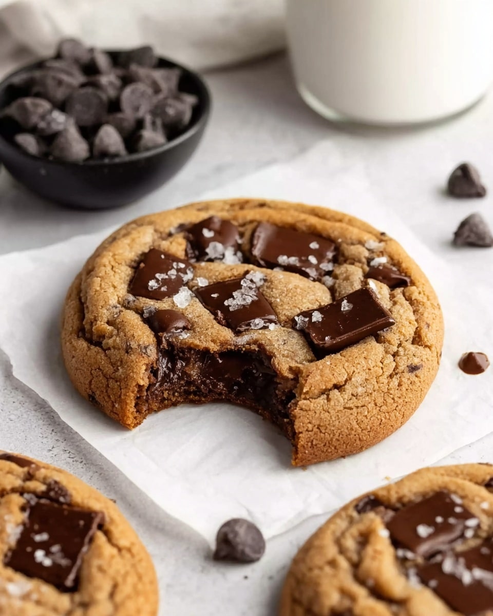 A close-up view of a single round cookie with a bite taken out, showing a soft, rich brown inside filled with melted dark chocolate chunks. The cookie surface is thick and golden brown with large, shiny dark chocolate pieces embedded on top, some sprinkled with small flakes of white sea salt. Around the main cookie, there are two more whole cookies with the same look, all placed on white parchment paper on a white marbled surface. In the background, a white container and a black bowl filled with dark chocolate chips are slightly out of focus. Photo taken with an iphone --ar 4:5 --v 7