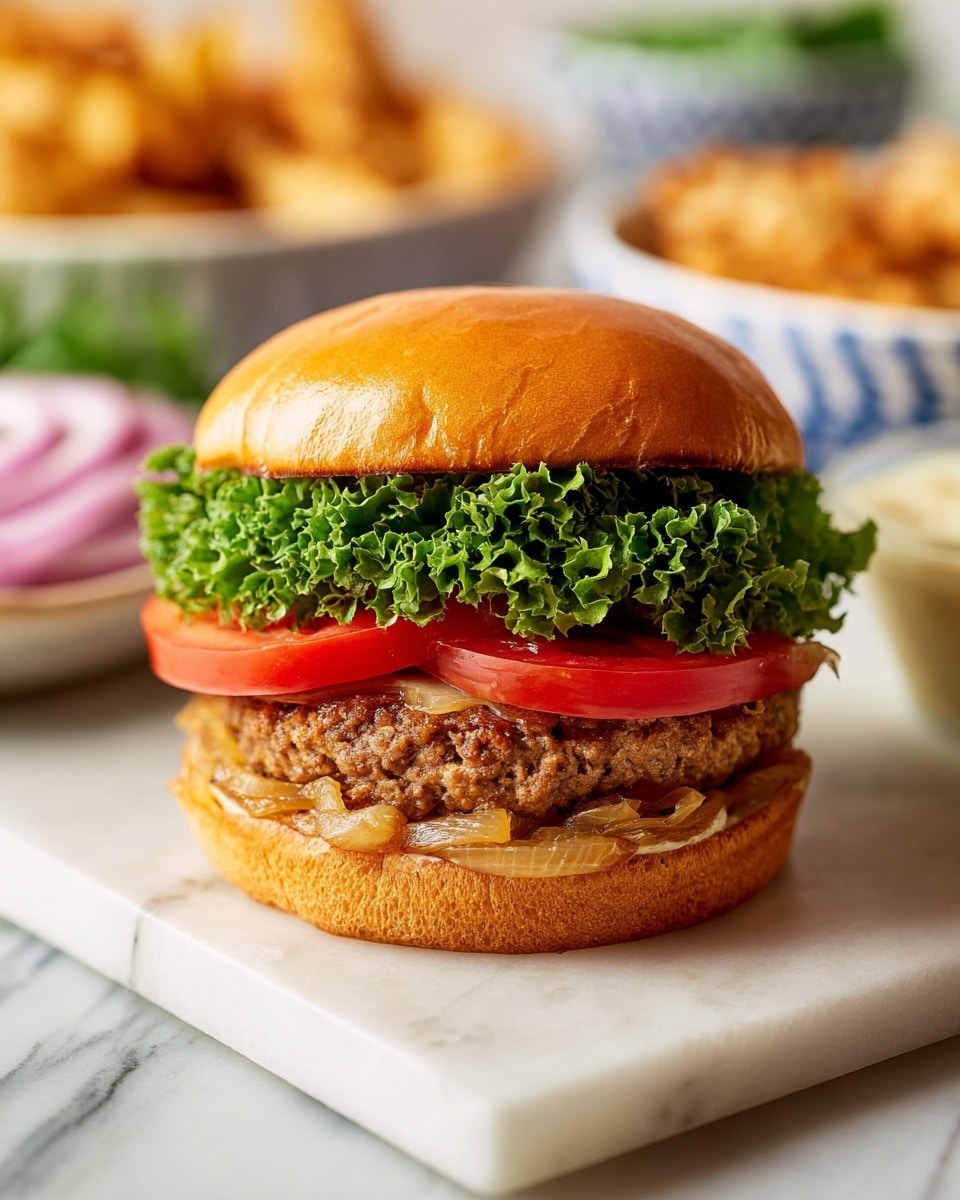 A close-up of a sandwich with five layers on a white marbled surface: the bottom is a toasted golden bun, topped with a layer of cooked, light caramel-colored onions; above is a thick, rough-textured, lightly browned meat patty; on top of the patty, there is ruffled, fresh green lettuce; next, two smooth, bright red tomato slices; and finally, the sandwich is covered with a soft, shiny golden brown bun top. In the background are blurred bowls and plates with food. Photo taken with an iphone --ar 4:5 --v 7