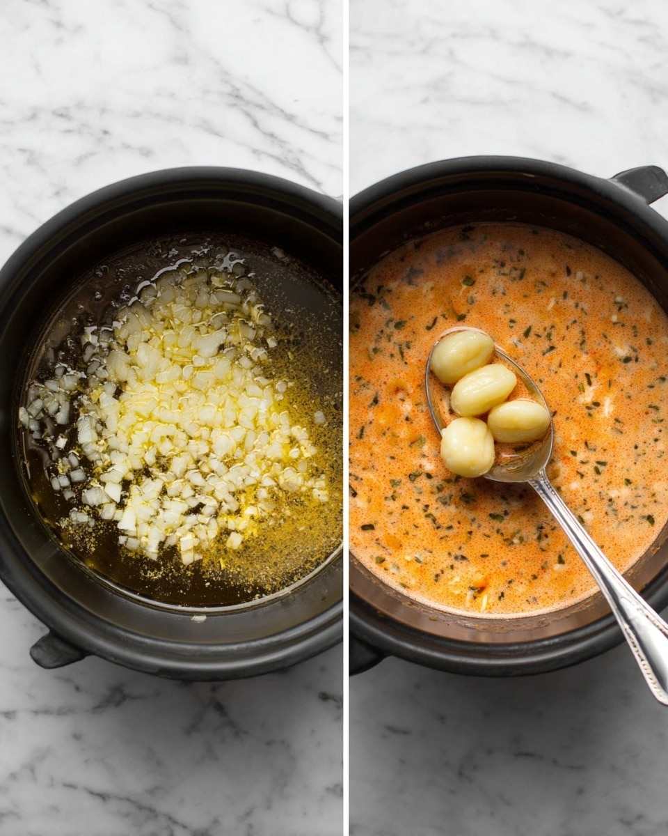 The image shows two stages of cooking in a black pot placed on a white marbled surface. On the left side, the pot contains melted butter with finely chopped white onions, appearing soft and slightly translucent in the center. On the right side, the pot holds a creamy, orange-pink soup with visible herbs and oil spots on the surface, giving it a textured look; a silver spoon holds a few small, smooth, pale yellow gnocchi above the soup, as if ready to be served. Photo taken with an iphone --ar 4:5 --v 7