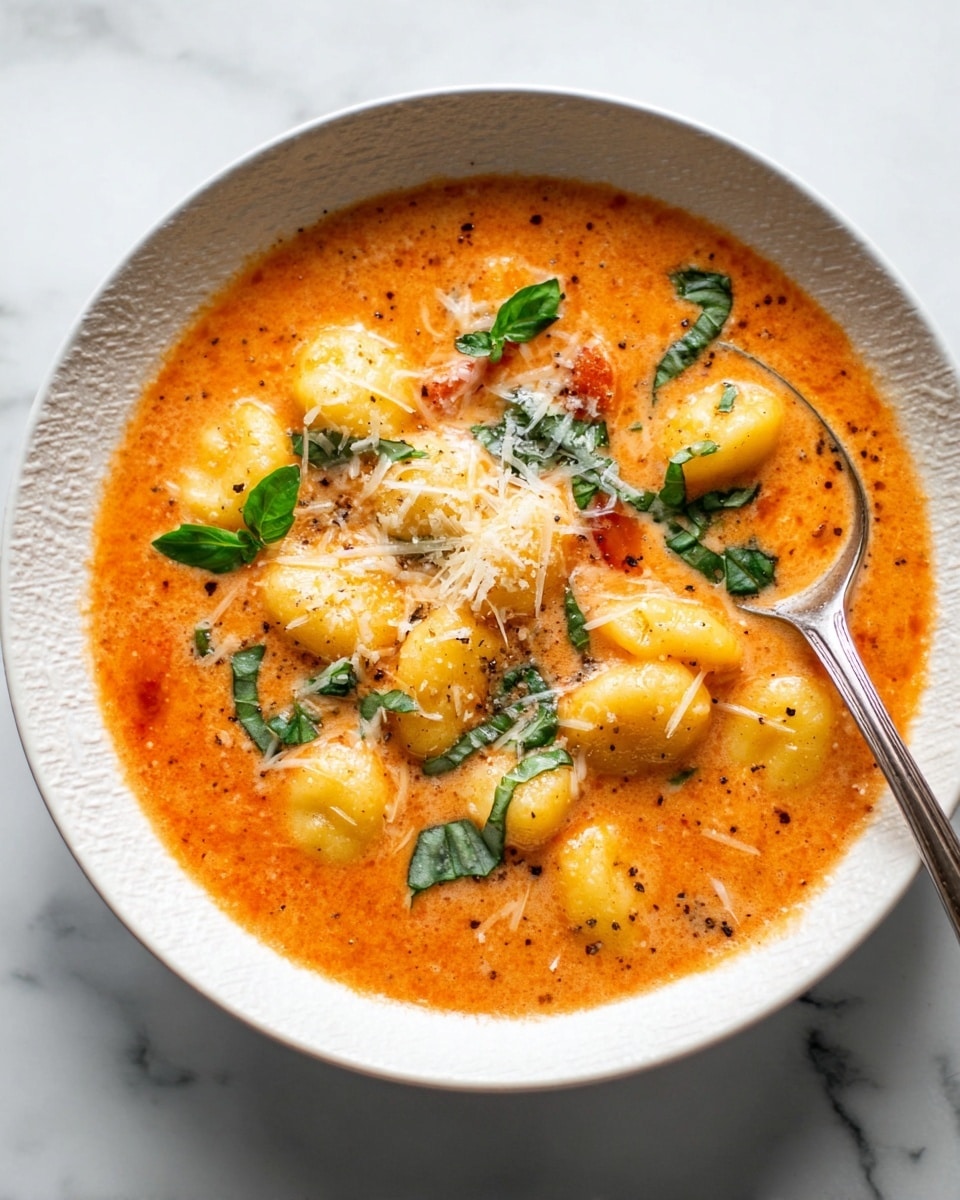 A white textured bowl holds a bright orange tomato-based soup filled with soft, golden gnocchi floating on top. The soup has a smooth and slightly thick texture with small specks of black pepper sprinkled throughout. Fresh green basil leaves are scattered over the surface, adding a touch of color and freshness. Shredded white cheese lightly covers parts of the dish, melting slightly into the warm soup. A silver spoon is placed on the right side inside the bowl, gently scooping some gnocchi and soup. The bowl sits on a white marbled surface. Photo taken with an iphone --ar 4:5 --v 7