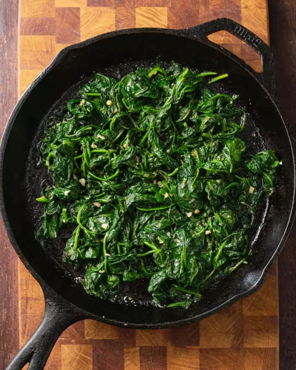A black cast iron skillet filled with a layer of cooked spinach spread evenly across the bottom of the pan. The spinach is bright green with some shiny, cooked texture, and small bits of garlic or seasoning can be seen mixed in. The skillet is on a wooden chopping board with a checkered pattern of light and dark wood. The skillet handle is pointing towards the top right of the image. The scene is lit softly, highlighting the fresh look of the spinach. Photo taken with an iphone --ar 4:5 --v 7