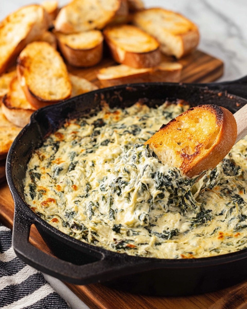 A black skillet filled with creamy spinach and artichoke dip that has a light golden brown baked top with visible chunks of spinach leaves mixed into the smooth, cheesy base. In the dip, a toasted slice of baguette with a golden, slightly charred surface is dipped, resting partly inside. In the background, more toasted baguette slices with a warm, golden brown crust sit on a wooden board next to a black and white striped cloth on a white marbled surface. photo taken with an iphone --ar 4:5 --v 7