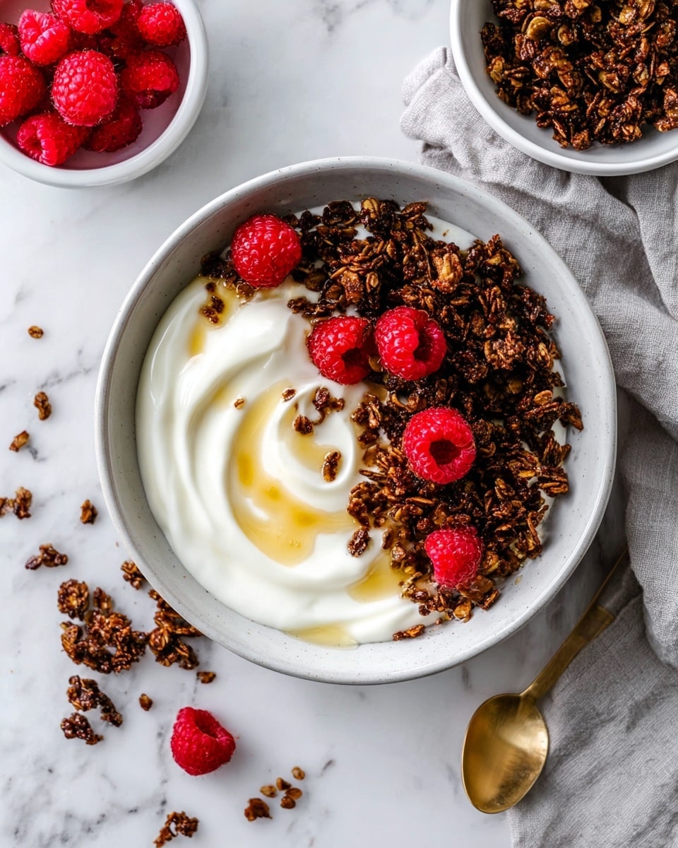 The image shows a white bowl filled with a smooth, creamy white yogurt base, swirled lightly to create texture. On one side, there is a generous layer of dark brown granola, with a crunchy and uneven texture. Bright red raspberries are scattered on top of the yogurt and granola, adding a fresh and vibrant color contrast. A small stream of honey is drizzled on the yogurt, giving a shiny golden touch. Around the bowl on the white marbled surface, bits of granola are scattered. In the background, there is a small white bowl filled with more bright red raspberries and another white bowl holding more granola. A gold spoon and a soft gray cloth are placed nearby. Photo taken with an iphone --ar 4:5 --v 7