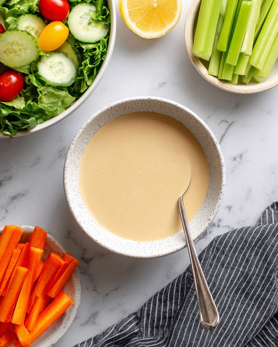 A white speckled bowl sits in the center filled with a smooth, creamy beige sauce, with a silver spoon resting inside it on the right side. On the upper left, there is a white bowl holding a fresh salad made of green leafy lettuce, slices of cucumber, and red and yellow cherry tomatoes. On the upper right, a white bowl holds cut green celery sticks and orange carrot sticks neatly arranged in parallel lines. To the right edge, half a lemon is visible, cut side up. A loose black-and-white striped cloth is spread out at the bottom right corner on a white marbled surface photo taken with an iphone --ar 4:5 --v 7