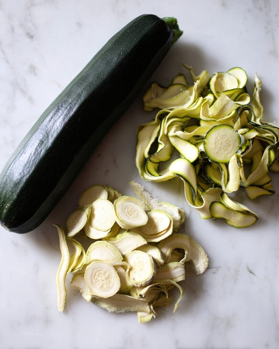 The image shows a large dark green zucchini placed horizontally on a white marbled surface at the top left. Below the zucchini, there are two piles of dried zucchini slices. The pile on the left consists of thick, pale yellowish-white slices with a rough texture. The pile on the right has thinner, curled slices with a light green tint and more defined edges. The white marbled surface adds a clean and bright background. photo taken with an iphone --ar 4:5 --v 7