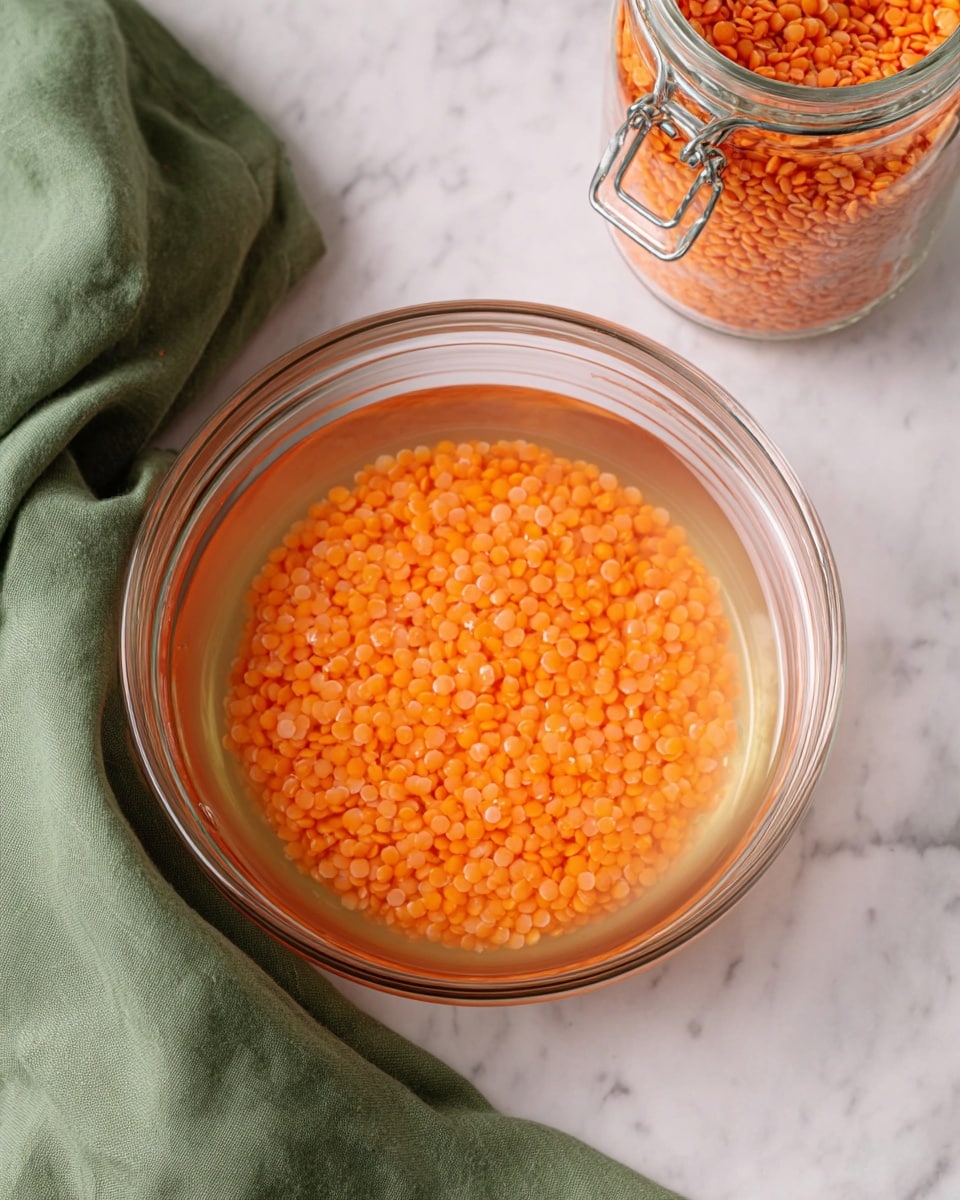 A clear glass bowl filled with one layer of orange lentils soaking in water, visible by the small orange lentils floating and submerged beneath a thin water layer, placed on a white marbled surface with a green cloth partially under the bowl and an orange lentil-filled clear glass jar with metal clasps in the upper right corner; the whole setting is lit softly with no harsh shadows photo taken with an iphone --ar 4:5 --v 7