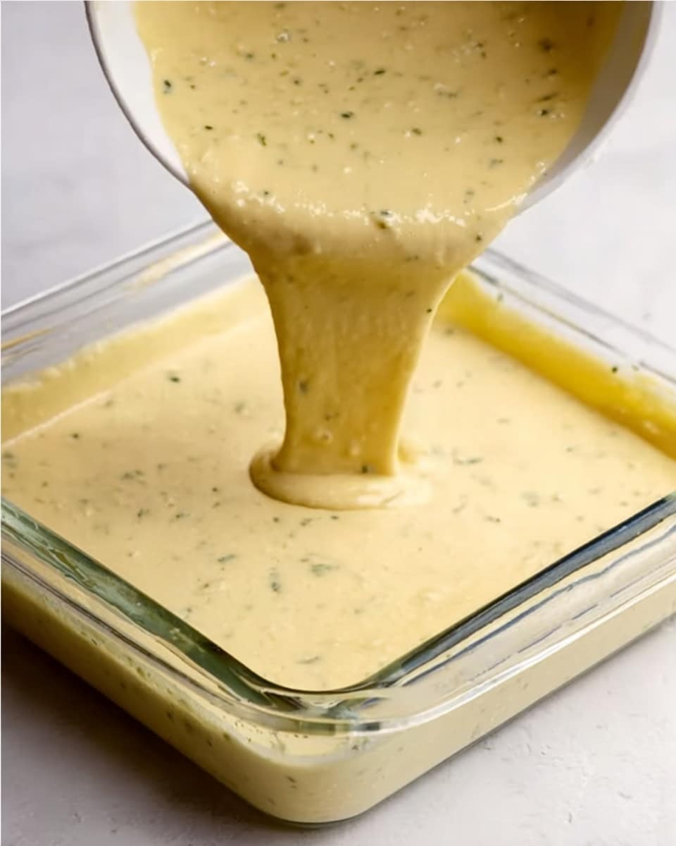 A thick, creamy yellow batter with visible specks of green herbs is being poured evenly from a white spoon into a clear glass baking dish sitting on a white marbled surface. The batter flows smoothly, filling the dish and showing a soft texture with small air bubbles. The image captures the moment of pouring, highlighting the batter’s glossy surface and flecks of herbs throughout. Photo taken with an iphone --ar 4:5 --v 7