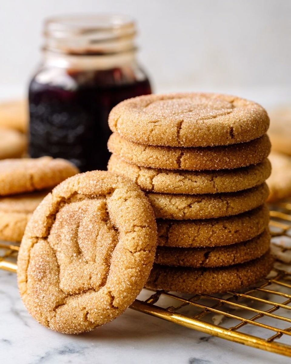 A stack of soft, round cookies with a light brown sugar coating sits on a gold wire rack over a white marbled surface. One cookie leans in front, showing its textured sugar-crusted top with small cracks creating a spiral pattern. Behind the stack is a glass jar filled with dark liquid, slightly blurred. The cookies have a slightly uneven surface and a warm, golden brown color. Photo taken with an iphone --ar 4:5 --v 7