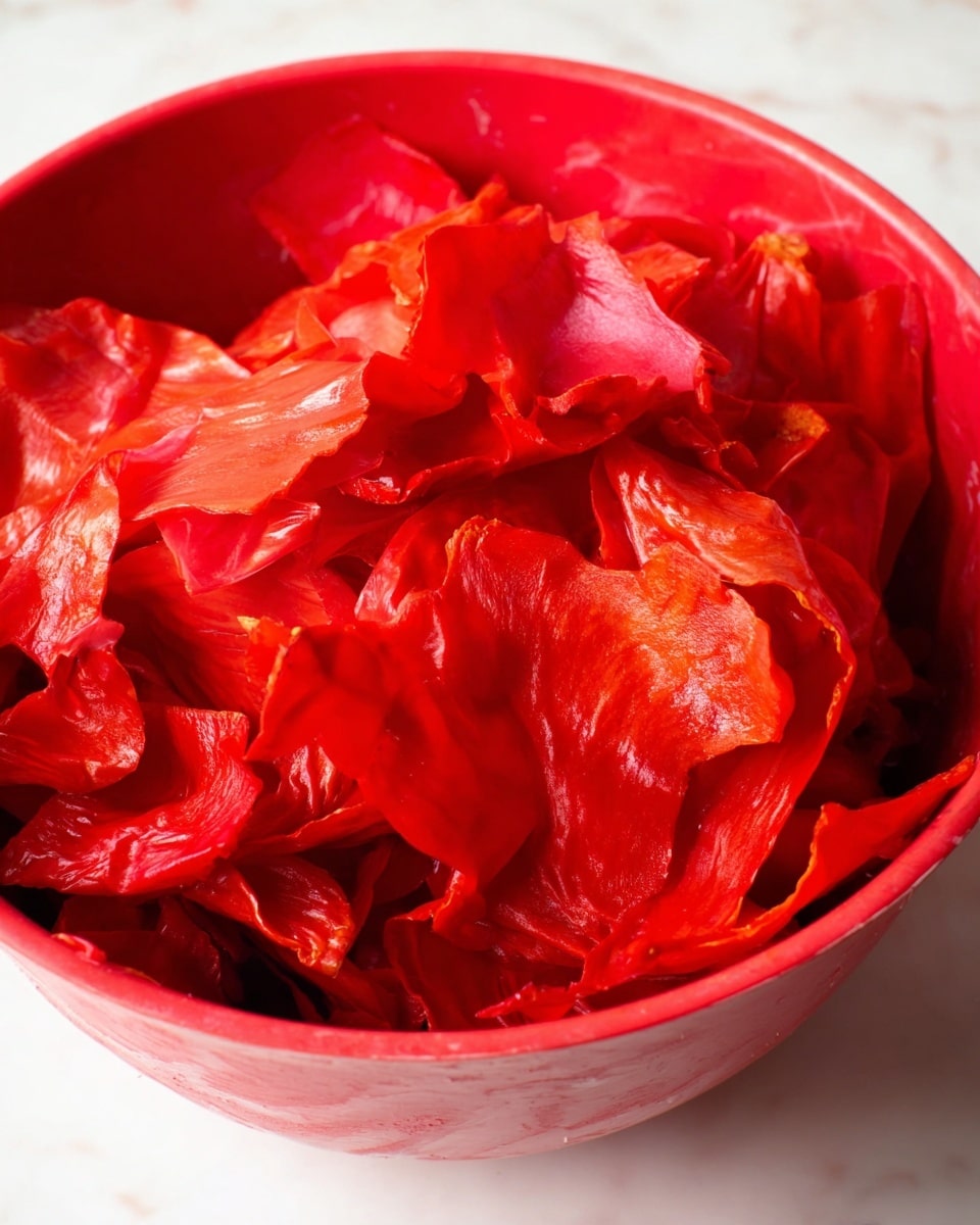 A close-up view of a red bowl filled with multiple layers of bright red, wrinkled, and slightly shiny pepper skins that appear soft and wet, showing various folds and edges throughout. The bowl itself is smooth and solid red, resting on a white marbled surface. Photo taken with an iphone --ar 4:5 --v 7