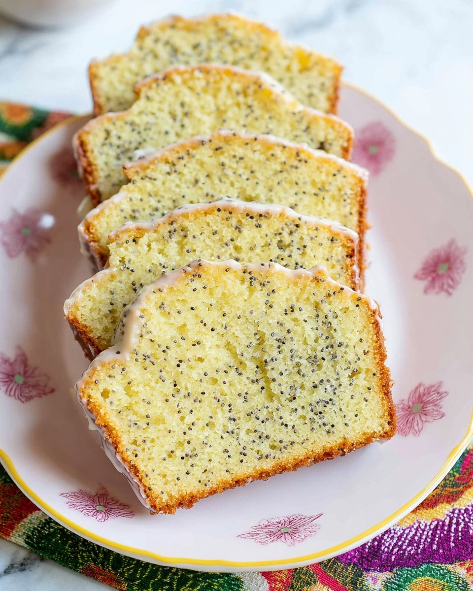 The image shows five slices of a light yellow cake with many small black seeds inside, arranged in a slightly overlapping row on a white plate with small pink and purple flower patterns and a thin yellow edge. The cake has a slightly brown crust on the sides and a light glaze on top. The plate is placed on a white marbled surface with a colorful cloth underneath that has green, purple, yellow, and red patterns. Photo taken with an iphone --ar 4:5 --v 7
