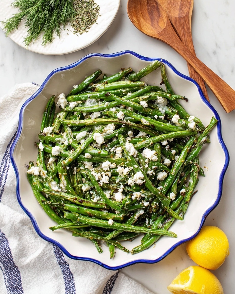A white shallow bowl with a blue scalloped edge holds a single layer of bright green charred green beans. Small crumbles of white cheese are scattered evenly on top, along with tiny bits of fresh green herbs. The bowl sits on a white marbled surface next to two wooden spoons and a white plate filled with herbs. In the corner, two halves of a bright yellow lemon are visible, adding a pop of color. A white cloth with blue stripes is loosely placed nearby. photo taken with an iphone --ar 4:5 --v 7