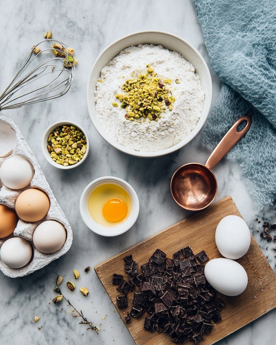 The image shows ingredients for baking placed on a white marbled surface. There is a white bowl filled with flour topped with chopped pistachios in the center. To its right, a copper scoop holds some flour. Below the bowl, a small white bowl contains more chopped pistachios. To the right, a wooden board holds a pile of chopped dark chocolate. A white egg carton with three whole eggs and one empty slot sits on the left side, next to a small white bowl with an egg yolk and a woman's hand whisk. Two whole eggs rest on the marble surface near the scoop. A soft blue cloth is partially visible in the top right corner. Photo taken with an iphone --ar 4:5 --v 7