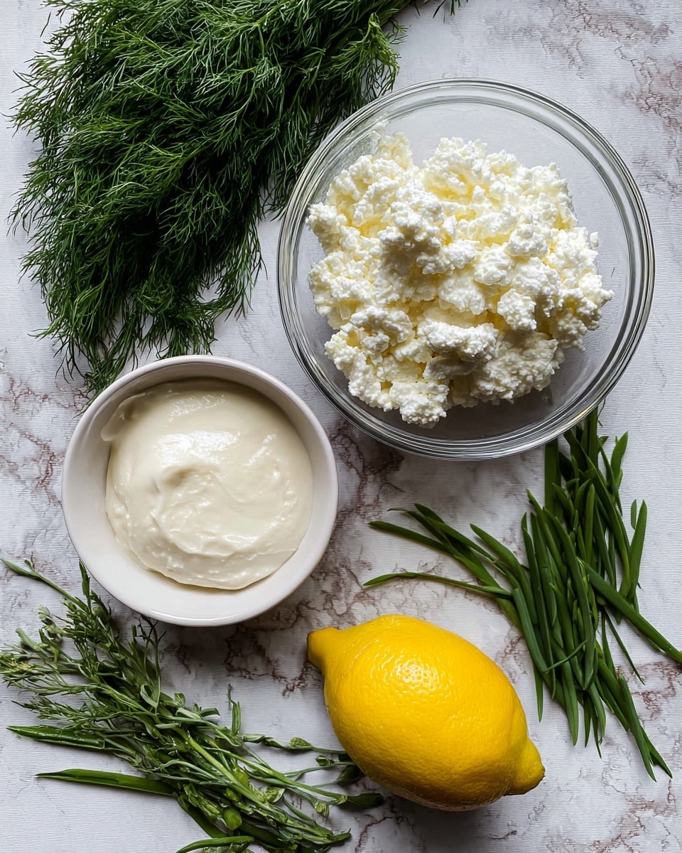 The image shows a top view of fresh ingredients arranged on a white marbled surface. In the top center, there is a clear glass bowl filled with white cottage cheese, showing its soft, lumpy texture. Below it on the left is a small white bowl with smooth, creamy ricotta cheese. To the right of the ricotta bowl, a bright yellow lemon sits on the surface, adding a splash of color. Above the lemon and between the bowls, long green herbs with thin leaves and stems are spread out, adding a vibrant green touch. At the top left corner, there is a bunch of fresh dill with feathery leaves, completing the fresh and natural feel of the image. Photo taken with an iphone --ar 4:5 --v 7