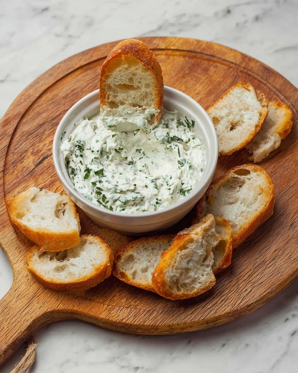 A small white ceramic bowl filled with a creamy white dip mixed with green herb bits sits in the center of a round wooden board. Around the bowl, five unevenly shaped, lightly toasted slices of bread with a golden crust and airy texture are scattered. One slice is placed partially inside the dip, standing upright. The wooden board has a warm, natural grain and is placed on a white marbled surface. Photo taken with an iphone --ar 4:5 --v 7