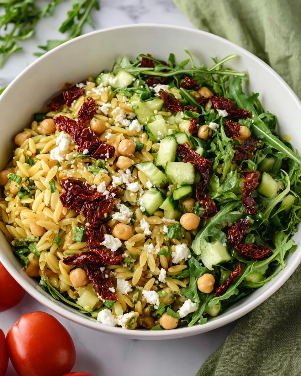 A white bowl filled with a colorful orzo salad featuring three main layers: at the base, yellowish cooked orzo pasta mixed with beige chickpeas; scattered throughout are bright green arugula leaves and chopped cucumber pieces, adding fresh color and texture; on top, dark red sun-dried tomato strips and small white cheese crumbles are spread evenly, giving contrast. The bowl sits on a white marbled surface with a soft green cloth nearby, and some fresh tomatoes are partially visible at the bottom right. photo taken with an iphone --ar 4:5 --v 7