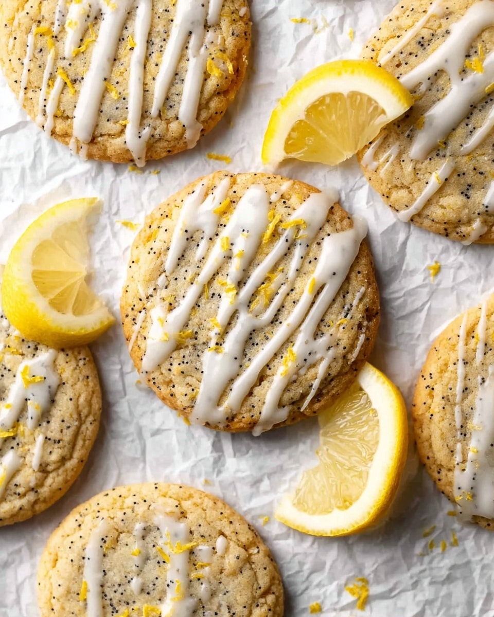 Several round lemon poppy seed cookies are arranged on crinkled white parchment paper over a white marbled surface. Each cookie has a light golden brown color with visible small black poppy seeds throughout. A thin white glaze is drizzled in uneven lines across the tops, adding a shiny and smooth texture. Bits of yellow lemon zest are scattered on the cookies for extra color detail. Two lemon wedges with bright yellow skin and juicy interior are placed among the cookies, adding freshness to the scene. The lighting is soft, highlighting the cookies' crumbly texture and glossy glaze. photo taken with an iphone --ar 4:5 --v 7