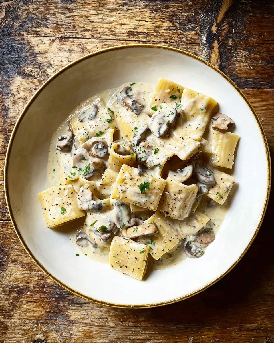 The dish shows large pieces of tubular pasta mixed evenly with sliced mushrooms, all covered in a creamy white sauce with small green herb bits scattered on top. The pasta and mushrooms are glossy, coated thickly with the sauce that has a slightly speckled texture from black pepper. It is served in a shallow white bowl with a thin gold rim, placed on a rustic wooden table. The overall look is warm and inviting with soft lighting highlighting the creamy texture of the sauce. photo taken with an iphone --ar 4:5 --v 7