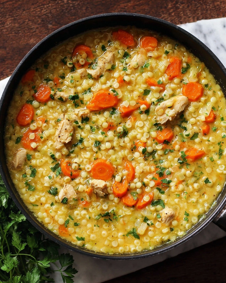 The image shows a close-up of a black pan filled with a thick soup. The soup has multiple layers of small yellow round pasta, orange carrot slices, pieces of light beige chicken, and small green herb bits scattered throughout. The texture of the soup looks creamy but with visible pieces of ingredients. The pan is placed on a white marbled texture with some green herbs resting beside it. The photo taken with an iphone --ar 4:5 --v 7