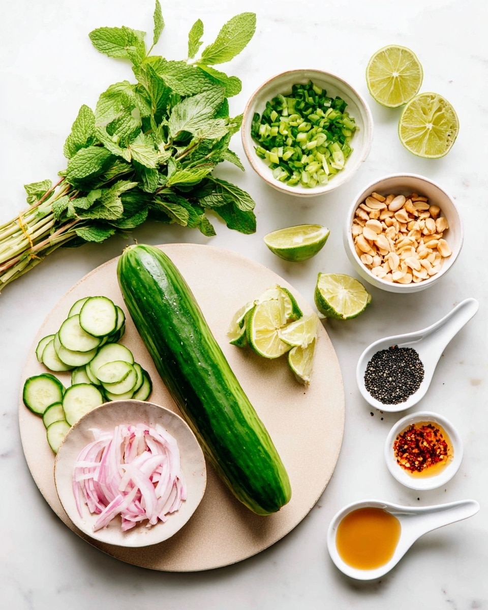 The image shows a white marbled surface with fresh ingredients arranged neatly. In the center, a round beige cutting board holds a long green cucumber with several slices fanned out to the left, showing a pale green inside and dark green skin. To the left of the board, there are bundles of leafy herbs with green leaves including cilantro and mint, and a white bowl filled with chopped green onions. Above the herbs are several lime wedges and halves with bright green skin and light green flesh. To the right of the cutting board, there are three white small bowls, one with thinly sliced pink and white onions, another with chopped pale peanuts, and the last with a light brown liquid. Above these bowls are three small white ceramic spoons holding black sesame seeds, reddish chili flakes, and a light golden liquid. The whole arrangement is bright and fresh with a clean, minimal look, photo taken with an iphone --ar 4:5 --v 7