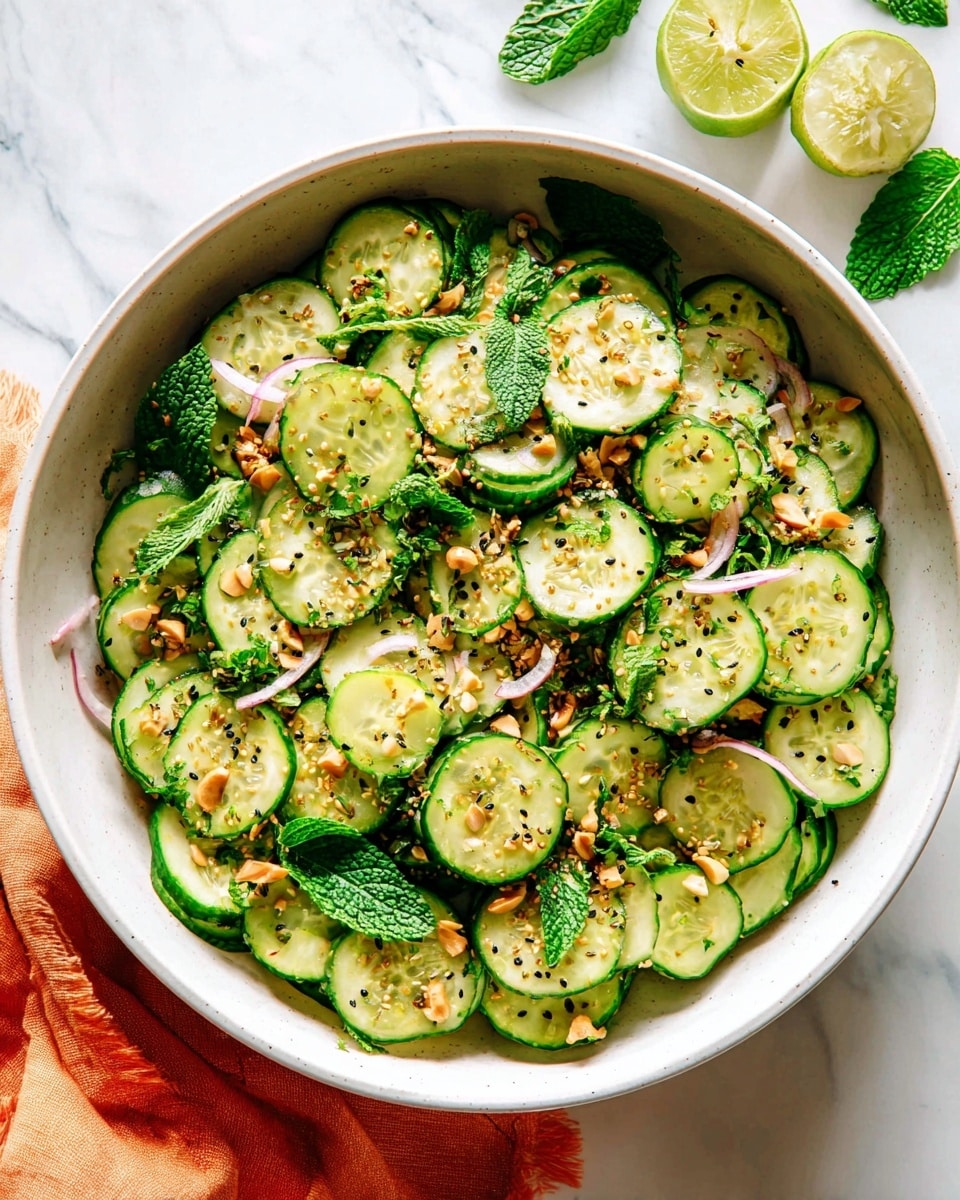 A large white bowl holds one layer of round cucumber slices, light green with darker green edges, each slice topped with small chopped green herbs and sprinkled with black sesame seeds and tiny pieces of light tan nuts. Thin, curved strips of pale pink onion are spread evenly on top, along with whole bright green mint leaves and fresh cilantro leaves. The bowl is set on a white marbled surface, with a couple of light green lime wedges and mint leaves beside it, and a soft orange cloth folded next to the bowl. photo taken with an iphone --ar 4:5 --v 7