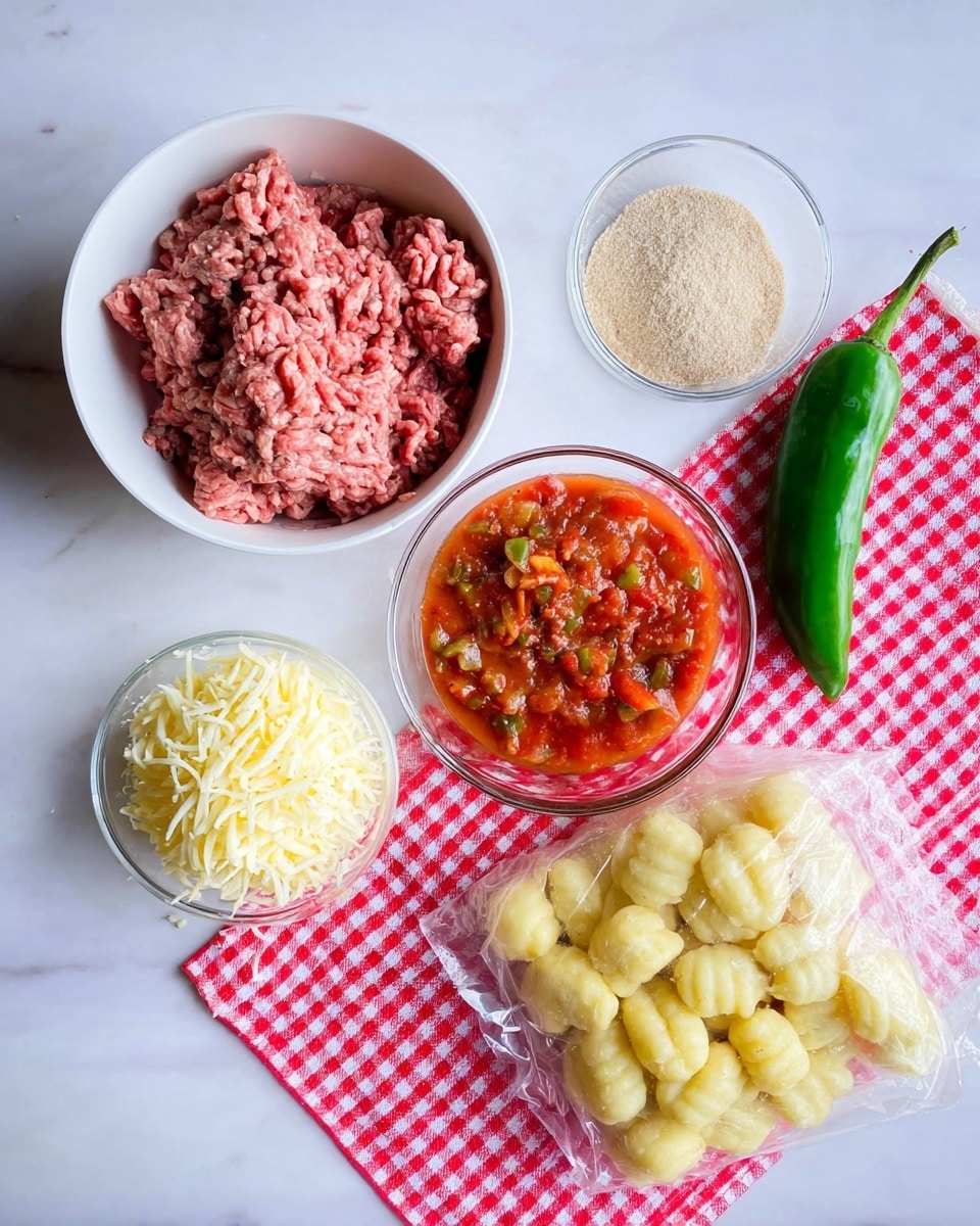 Top view of several cooking ingredients on a white marbled surface: a white bowl filled with raw ground meat with varying pink and light brown textures is on the left side; near it is a small white bowl with shredded pale yellow cheese, and close to that is a small clear glass bowl with chunky red tomato sauce mixed with green and orange bits. Above these is a clear bowl containing light brown powder on a red and white checkered cloth. To the right, there is a sealed clear plastic bag filled with yellow gnocchi pieces, and a whole green chili pepper lies nearby. Photo taken with an iphone --ar 4:5 --v 7