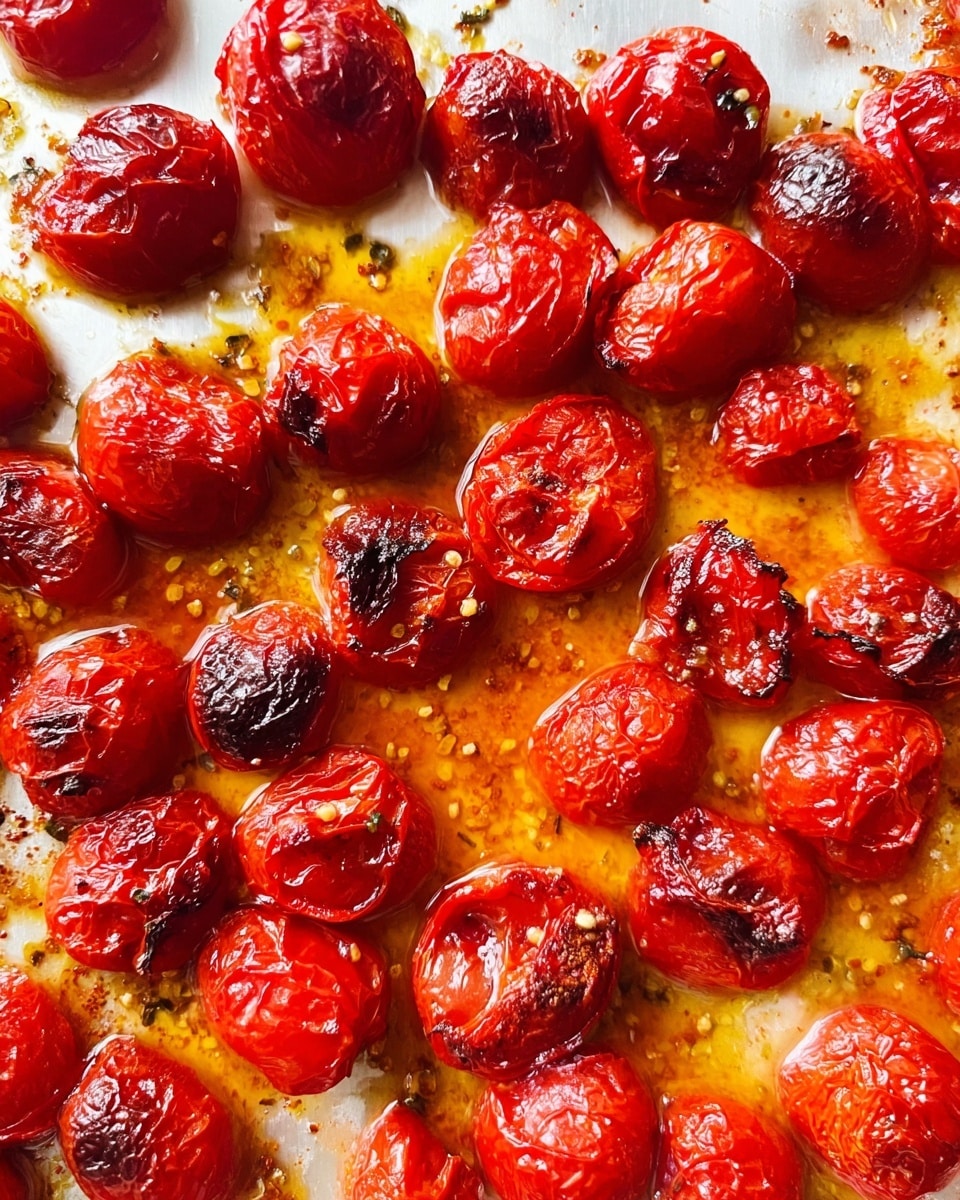 The image shows a single layer of roasted cherry tomatoes spread evenly on a white baking tray. The tomatoes are deep red and slightly wrinkled, with some showing dark, charred spots. A shiny, orange oil with herbs and seasonings pools around the tomatoes, creating a glossy texture. The overall surface has a slightly crispy and juicy texture, and the background is a white marbled texture. Photo taken with an iphone --ar 4:5 --v 7