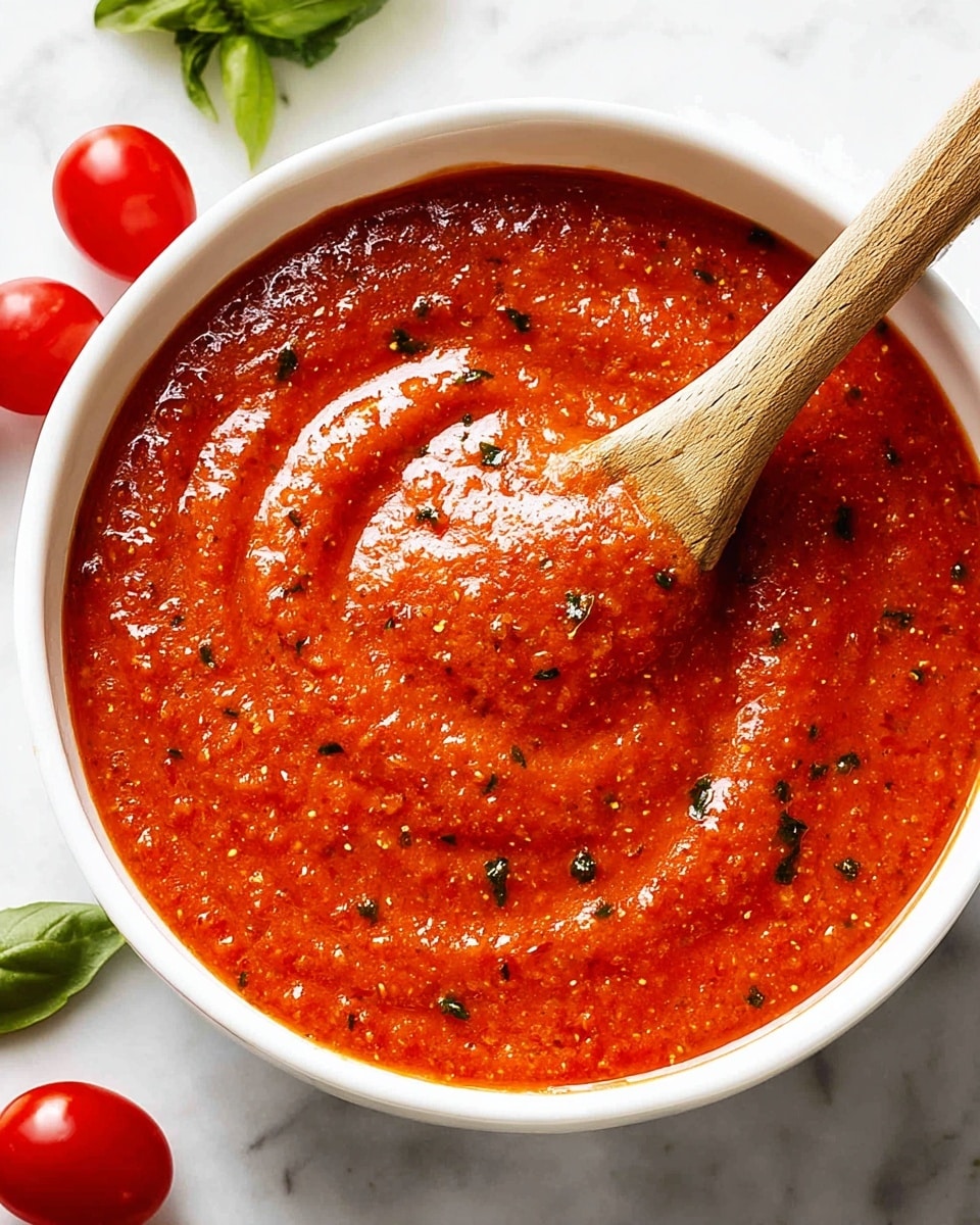A close-up view of thick red sauce in a white bowl shows a smooth, slightly chunky texture with visible small green herb bits mixed throughout. The sauce has a shiny surface with some light reflections, swirling around a wooden spoon partially dipped inside. Around the bowl, there are small red tomatoes and green basil leaves placed on a white marbled surface. Photo taken with an iphone --ar 4:5 --v 7
