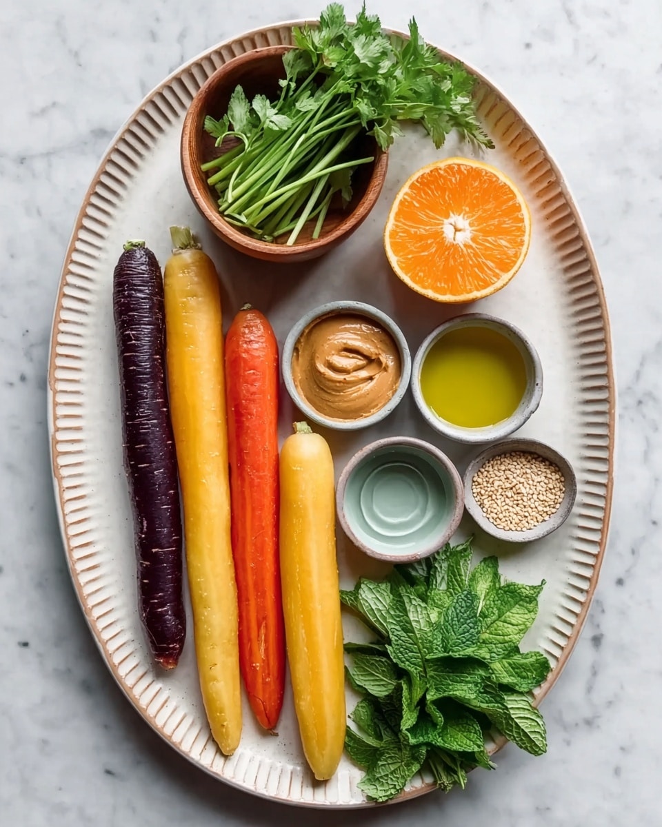 A large white oval plate with ridged edges holds five long carrots in different colors, from dark purple to yellow, arranged on the left side. At the top center is a small wooden bowl with fresh green cilantro stems. Next to it on the right is half a bright orange placed cut side up. Below the orange are two small bowls: one with light brown peanut butter and the other with green olive oil. Below these are two more small bowls: one with clear water and the other with tan sesame seeds. At the bottom right corner of the plate is a small pile of fresh green mint leaves. The whole scene is set on a white marbled surface. photo taken with an iphone --ar 4:5 --v 7