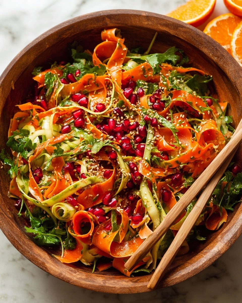 A large wooden bowl filled with a colorful salad of wide, curled ribbons of orange and pale green vegetables, likely carrot and cucumber, mixed with bright green leafy herbs scattered throughout. Shiny red pomegranate seeds are spread on top, along with small beige sesame seeds. The textures range from smooth vegetable ribbons to the rougher chopped leaves and seeds. A pair of light wooden chopsticks rests on the edge of the bowl. The bowl is on a white marbled surface, with part of a sliced orange and more pomegranate seeds visible in the background. photo taken with an iphone --ar 4:5 --v 7