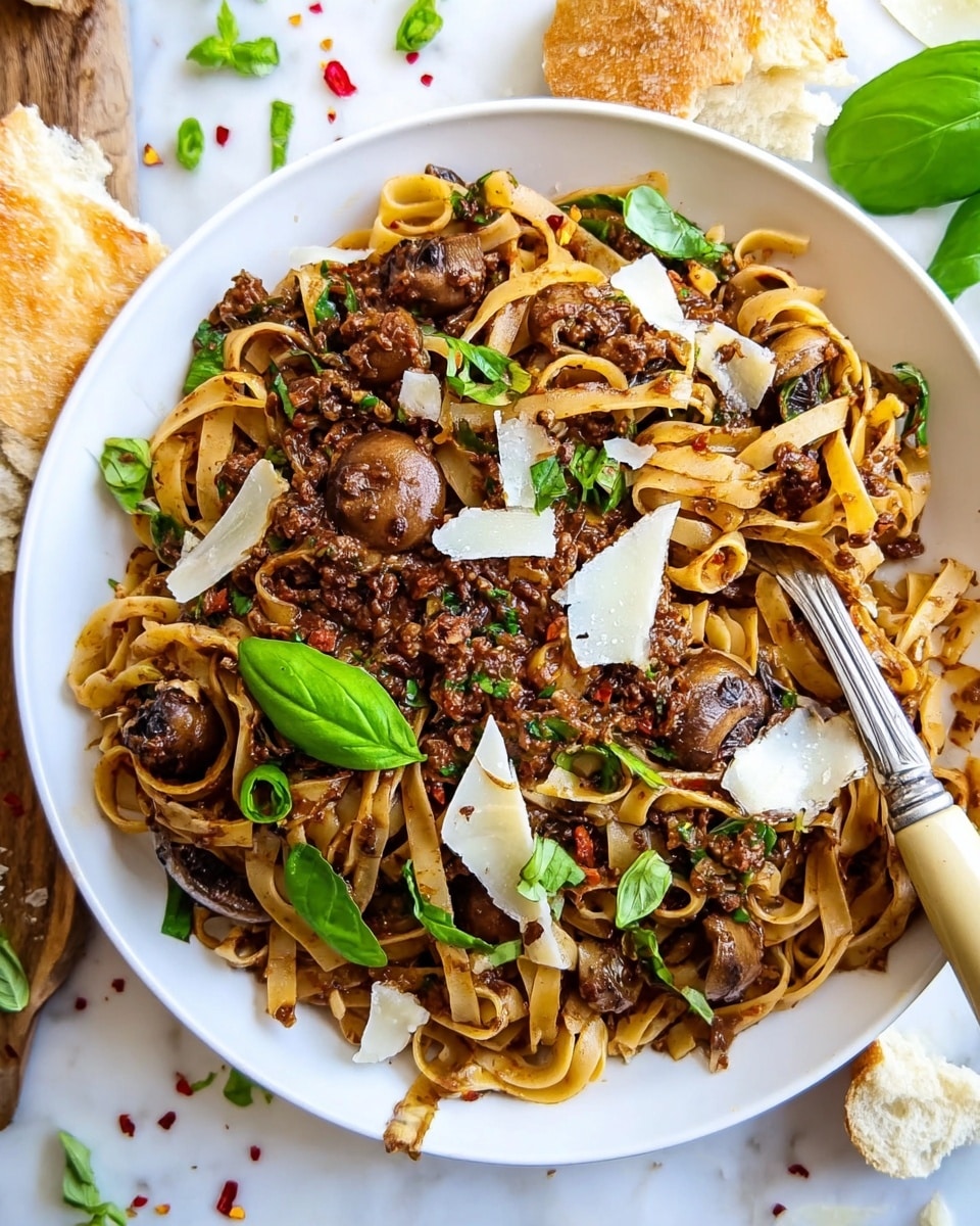 The dish shows a deep white plate filled with flat, light brown noodles mixed with a thick, dark brown meat sauce dotted with small pieces of mushroom. Large whole mushrooms sit on top and within the noodles, surrounded by fresh bright green basil leaves scattered across the dish. White, thin shards of cheese are sprinkled in the center, highlighting the rich colors below. Small rings of green onion and red pepper flakes add pops of color around the edges. A fork with a light handle rests on the right side, slightly embedded in the noodles, all set on a white marbled surface with pieces of bread nearby. Photo taken with an iphone --ar 4:5 --v 7