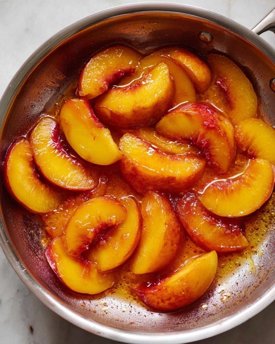 The image shows a silver pan filled with about two layers of cooked peach slices. The peach slices are golden-yellow with bright reddish-orange skins, glistening with a shiny syrup that coats each piece lightly and pools slightly at the bottom of the pan. The texture of the peaches looks soft but still holding their shape, and the pan’s inner surface shows caramelized spots from cooking. The background is a white marbled texture. photo taken with an iphone --ar 4:5 --v 7